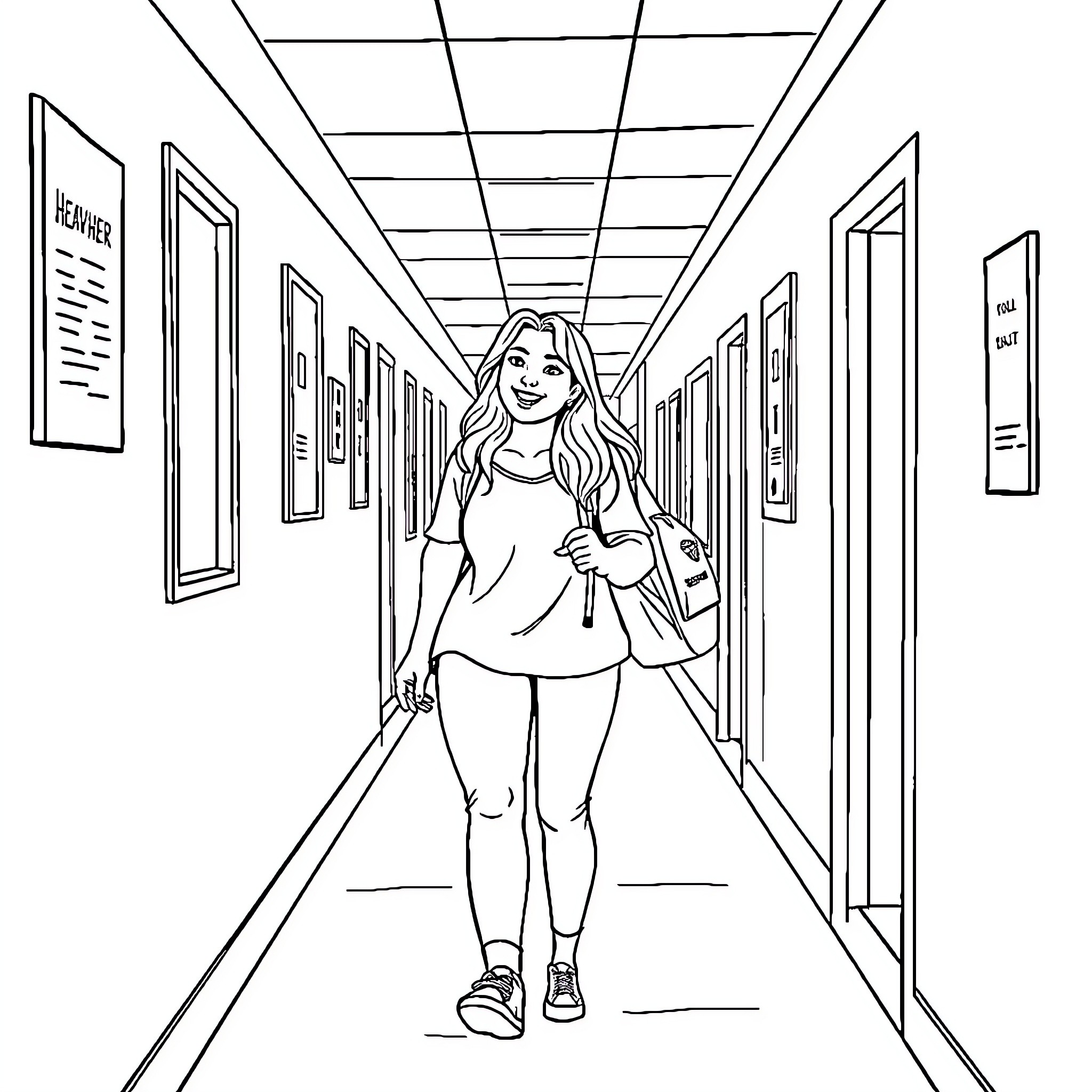 Heather Chander walking confidently through school hallway Coloring Page (free black-and-white line drawing printable PDF for all, from beginners to advanced learners, including children, teens, adults, and seniors)