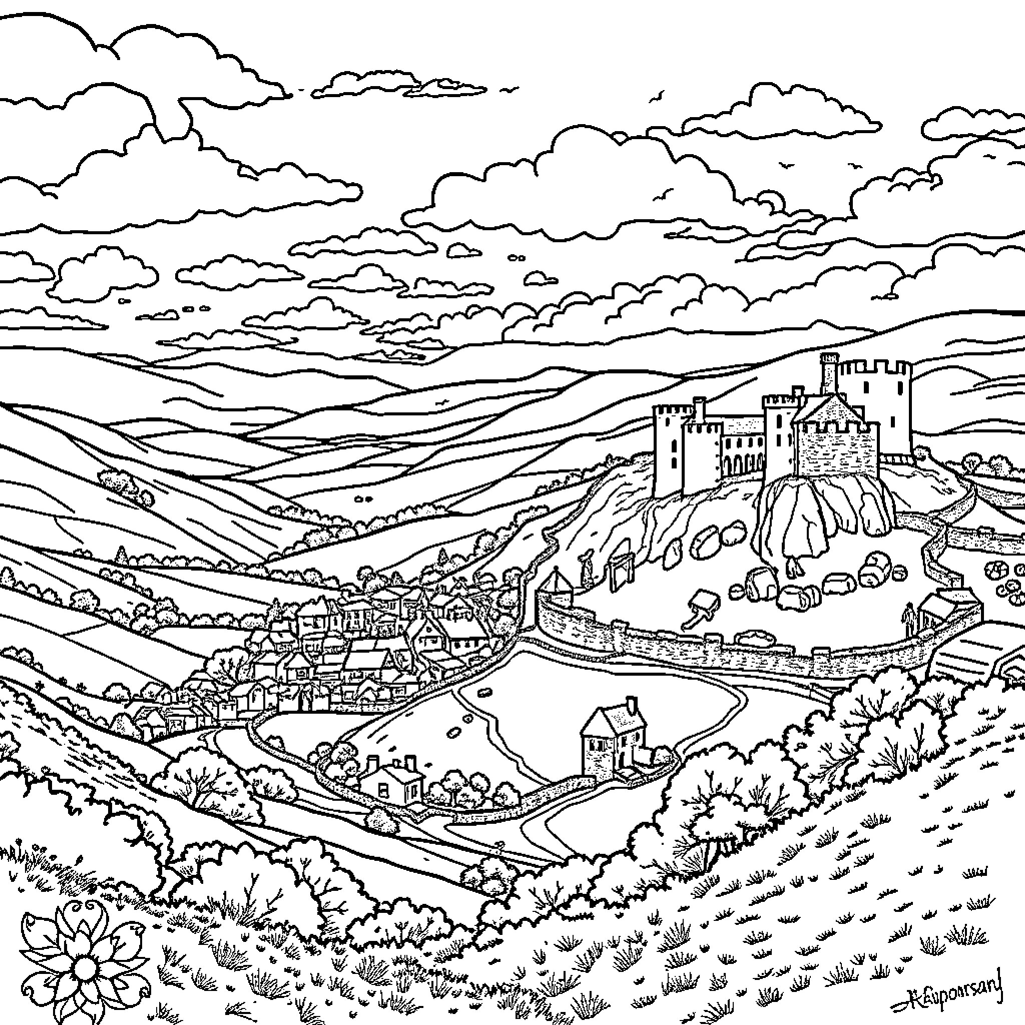 Wales landscape with medieval castle and town Coloring Page (free black-and-white line drawing printable PDF for all, from beginners to advanced learners, including children, teens, adults, and seniors)