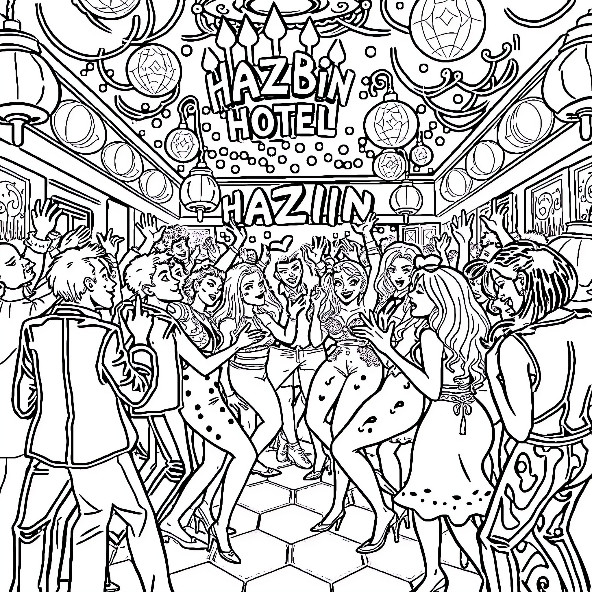 Hazbin Hotel: Lively Gathering with Vibrant Characters Coloring Page (free black-and-white line drawing printable PDF for all, from beginners to advanced learners, including children, teens, adults, and seniors)