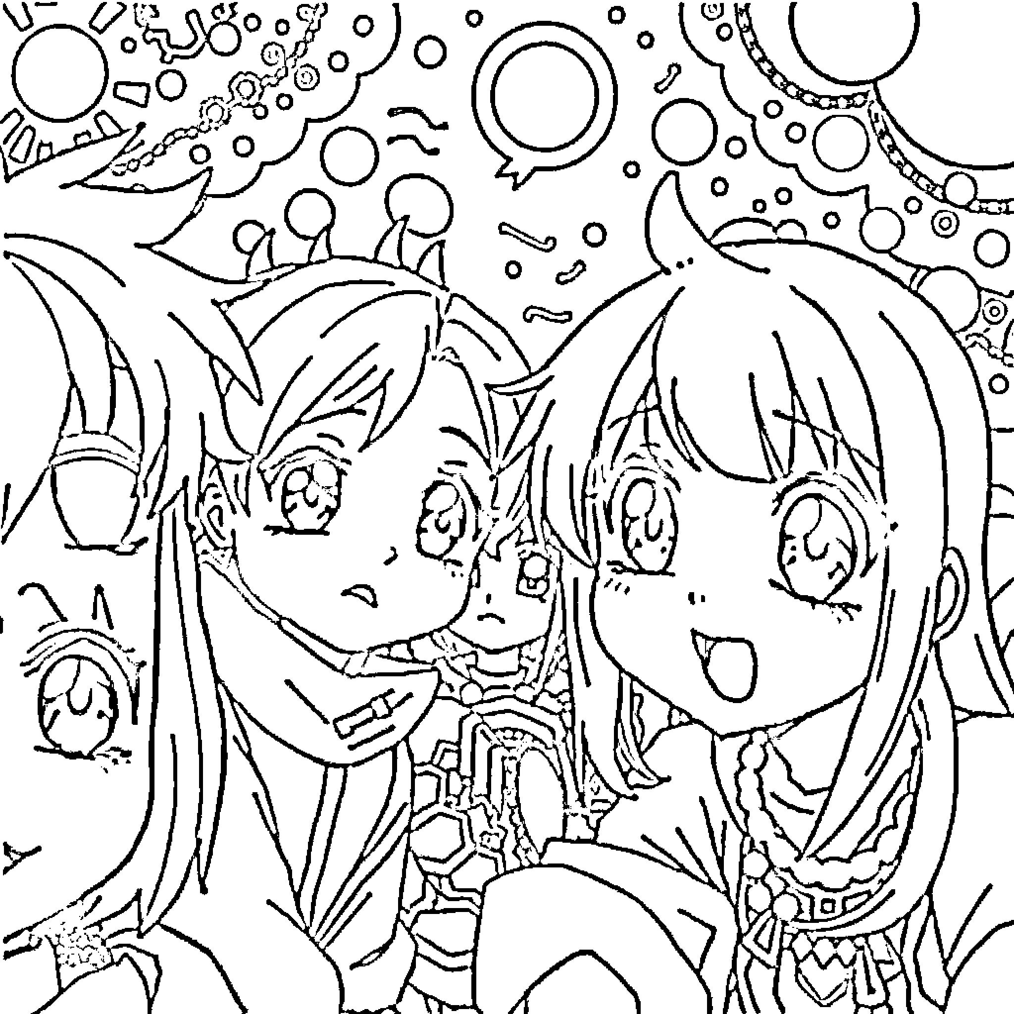 Anime Friends Celebrating with Colorful Bubbles Coloring Page (free black-and-white line drawing printable PDF for all, from beginners to advanced learners, including children, teens, adults, and seniors)