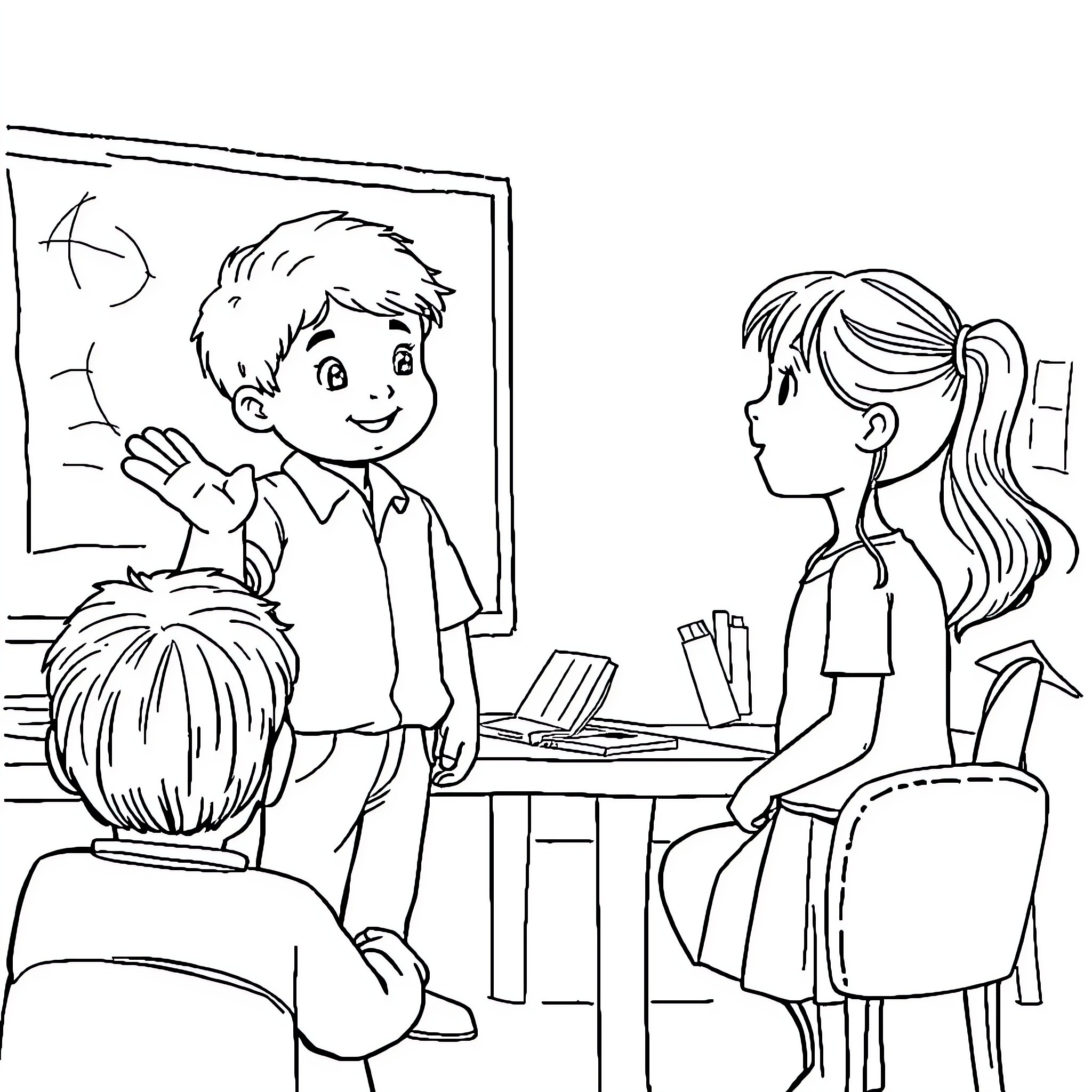 Students learning in classroom with blackboard Coloring Page (free black-and-white line drawing printable PDF for all, from beginners to advanced learners, including children, teens, adults, and seniors)