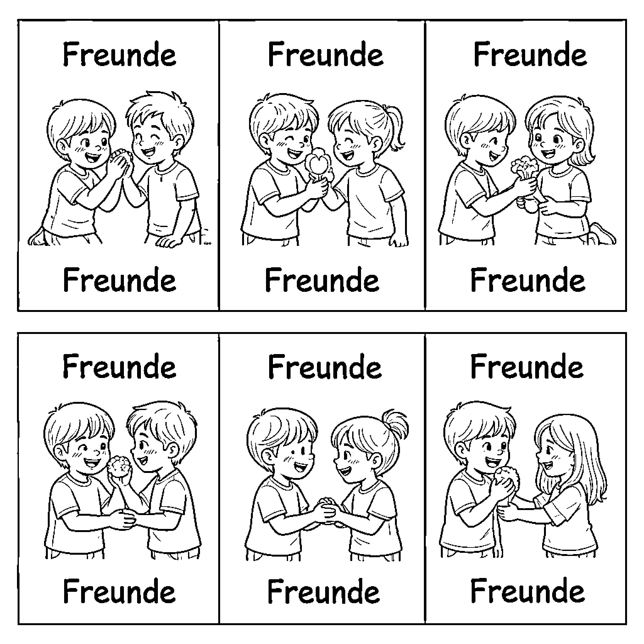 Freundschaft zeigt Kinder beim gemeinsamen Spielen und Teilen Coloring Page (free black-and-white line drawing printable PDF for all, from beginners to advanced learners, including children, teens, adults, and seniors)