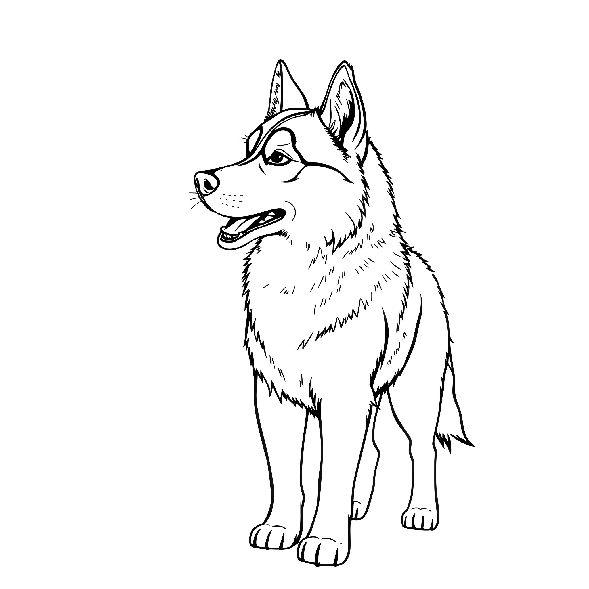 Husky dog in alert stance Coloring Page (free black-and-white line drawing printable PDF for all, from beginners to advanced learners, including children, teens, adults, and seniors)