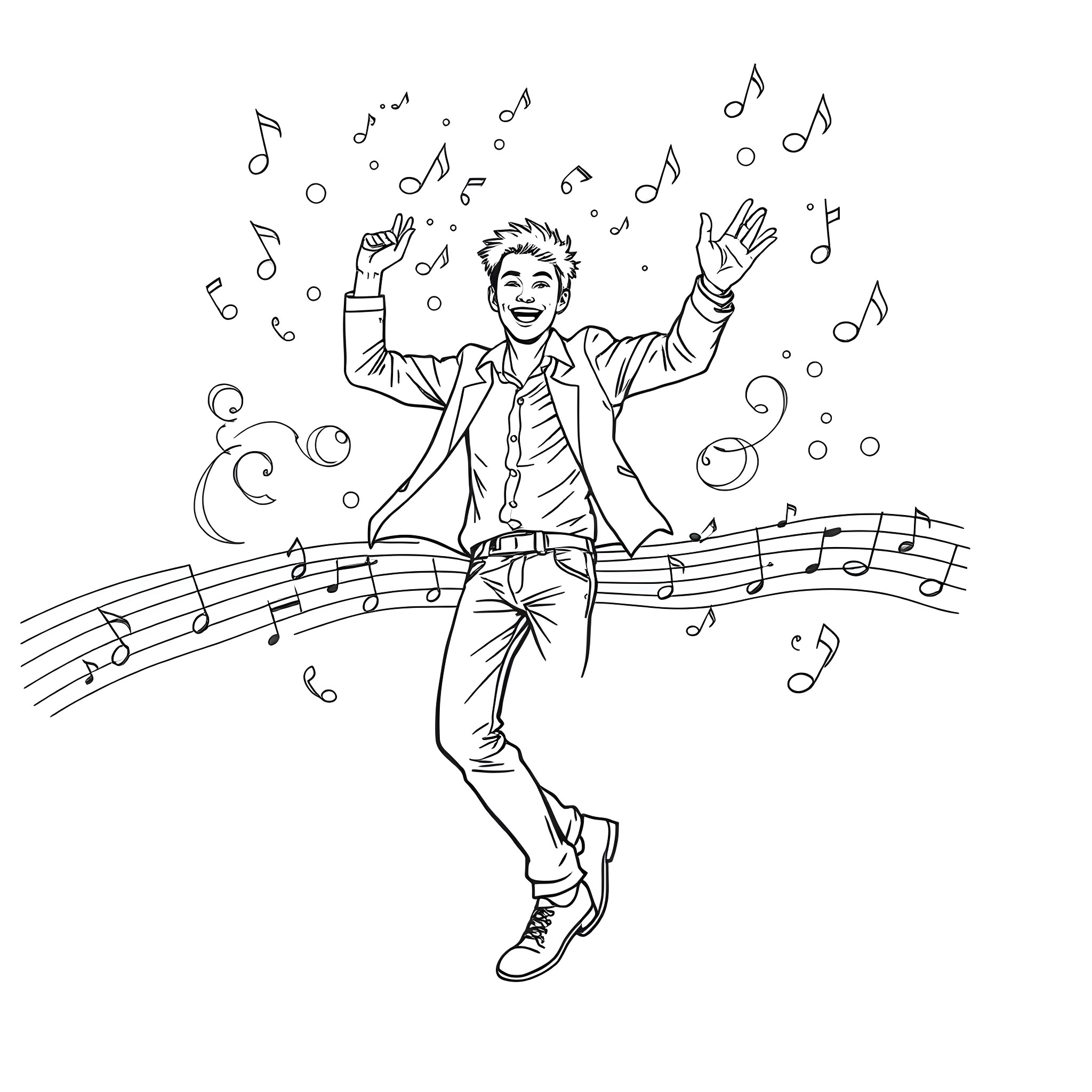 Speaker performing with joy and energy on stage Coloring Page (free black-and-white line drawing printable PDF for all, from beginners to advanced learners, including children, teens, adults, and seniors)