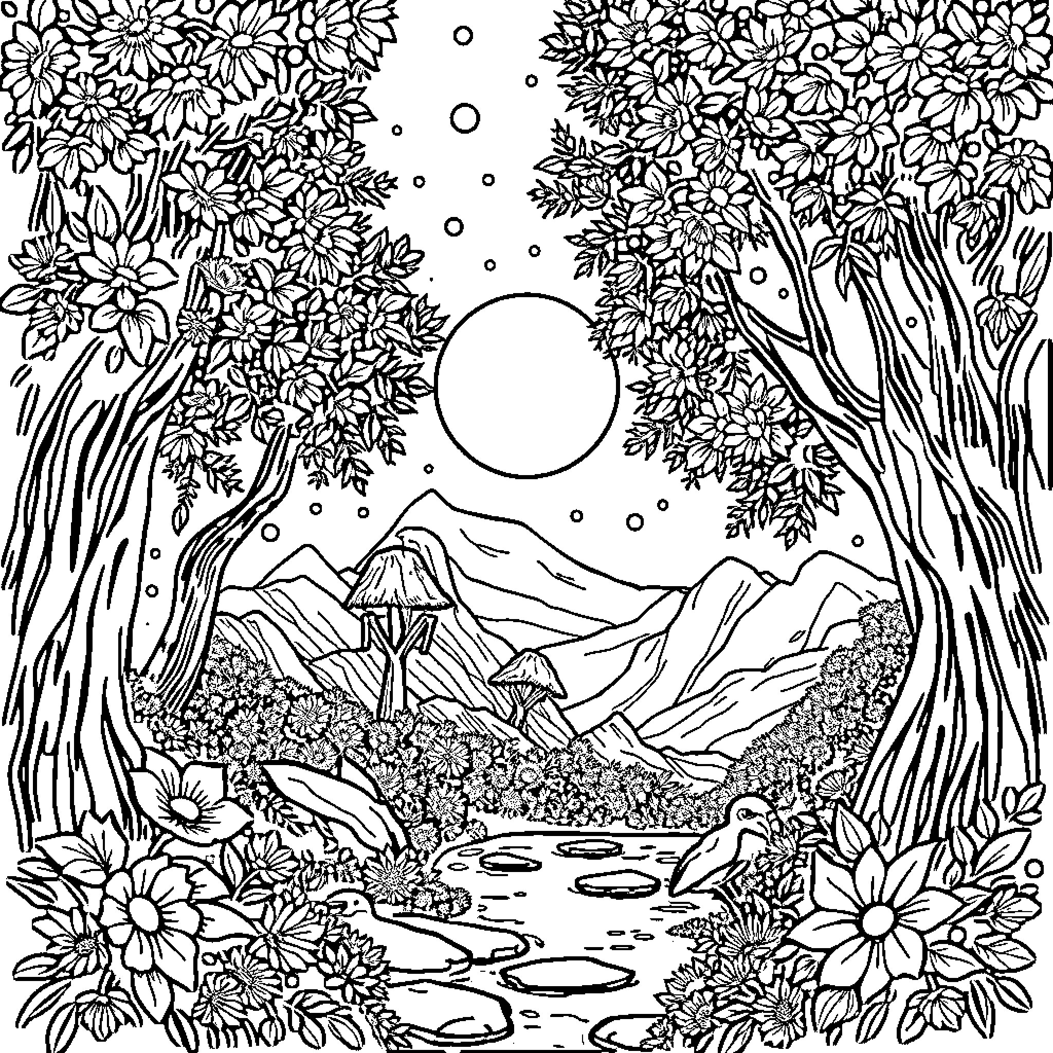 Enchanted Forest Landscape with Flowers Coloring Page (free black-and-white line drawing printable PDF for all, from beginners to advanced learners, including children, teens, adults, and seniors)