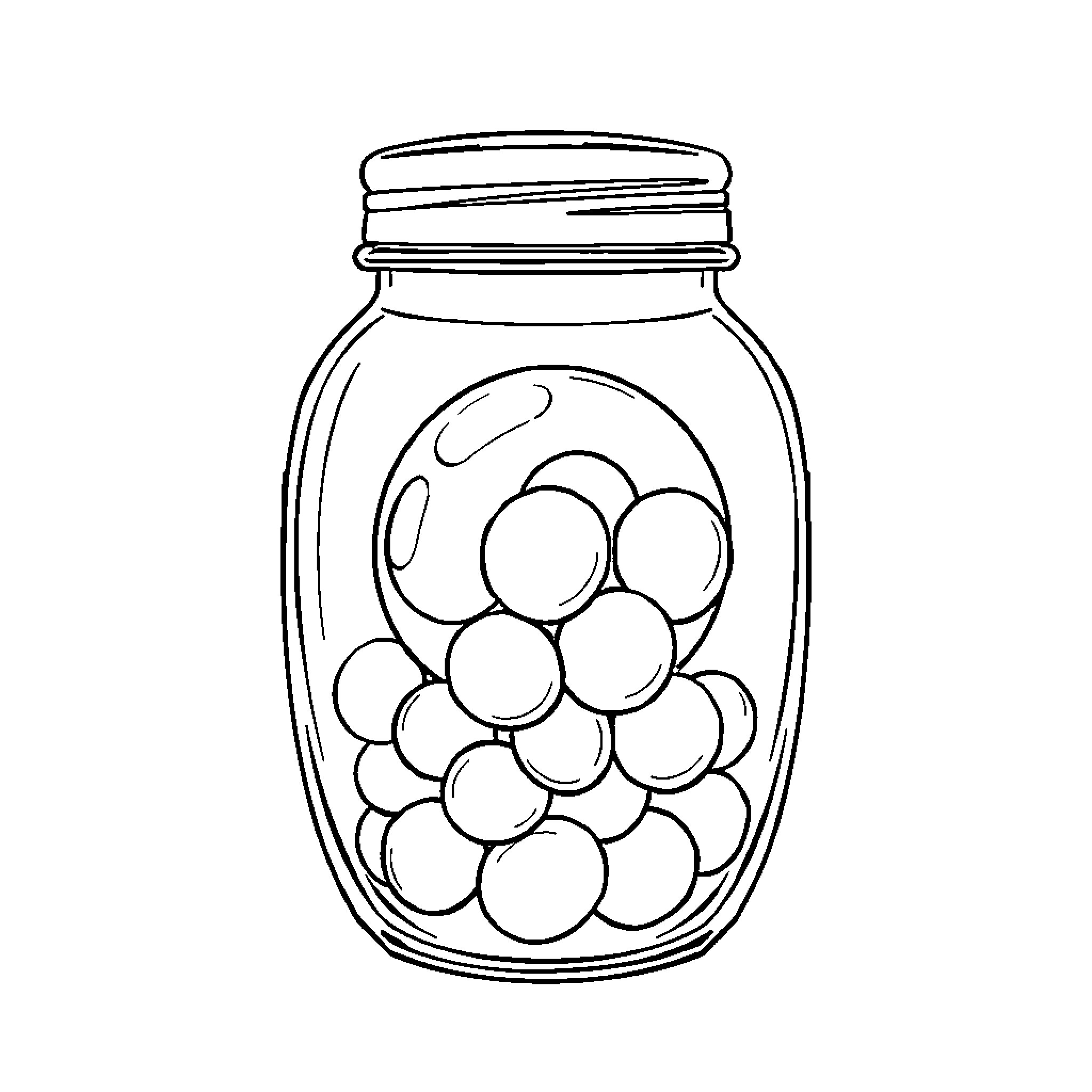Gumball jar filled with colorful candies Coloring Page (free black-and-white line drawing printable PDF for all, from beginners to advanced learners, including children, teens, adults, and seniors)