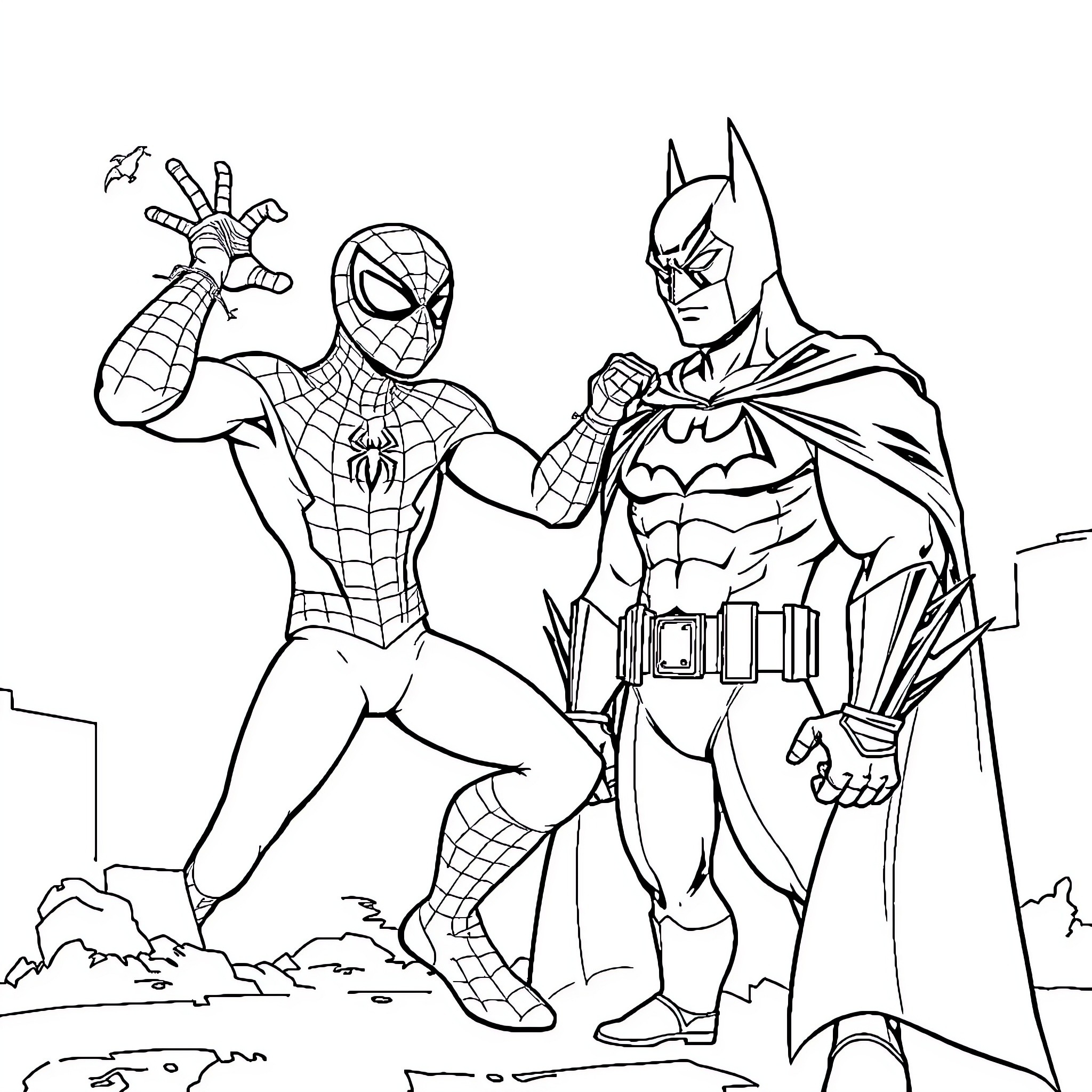 Spiderman and Batman in action poses Coloring Page (free black-and-white line drawing printable PDF for all, from beginners to advanced learners, including children, teens, adults, and seniors)