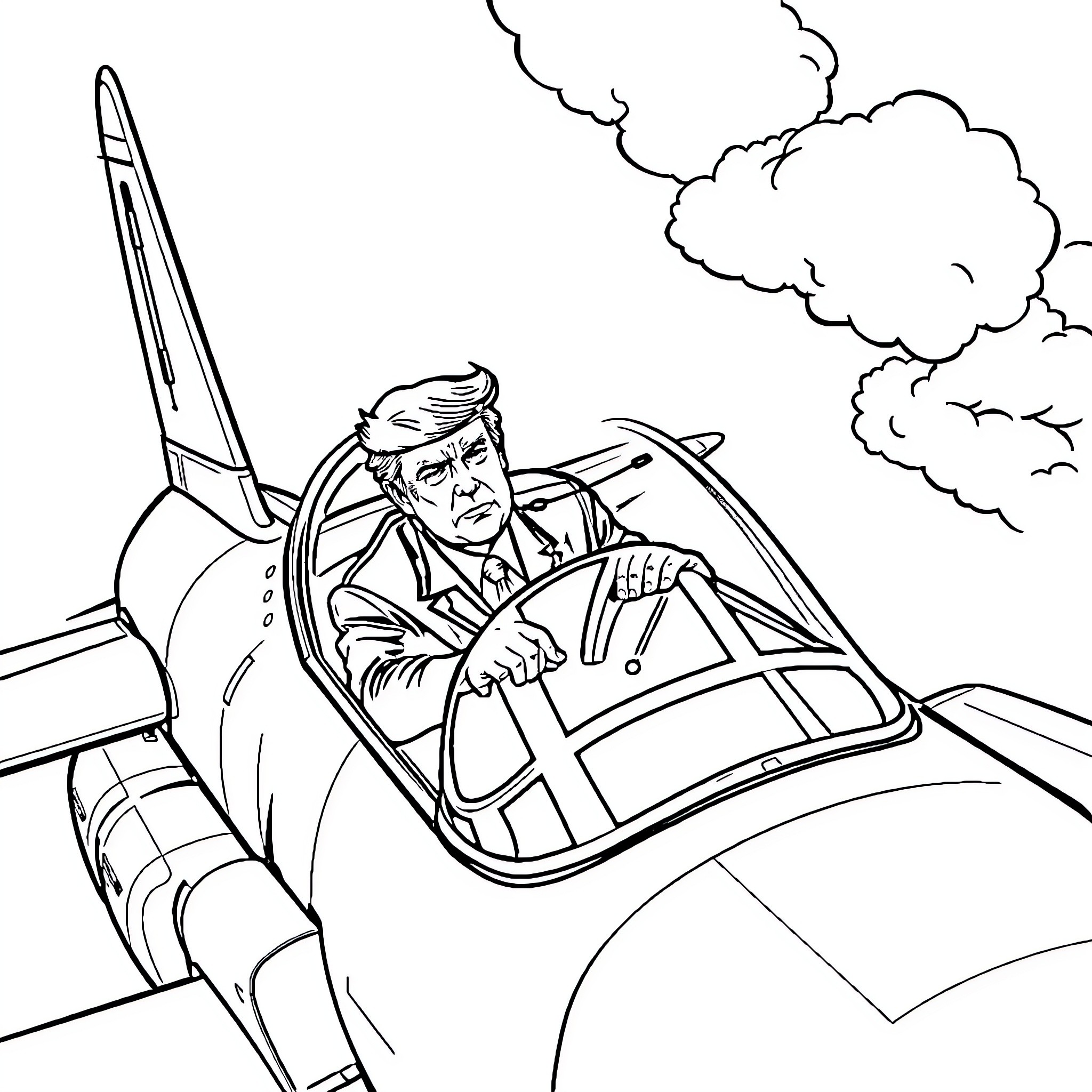 Donald Trump piloting a fighter jet Coloring Page (free black-and-white line drawing printable PDF for all, from beginners to advanced learners, including children, teens, adults, and seniors)