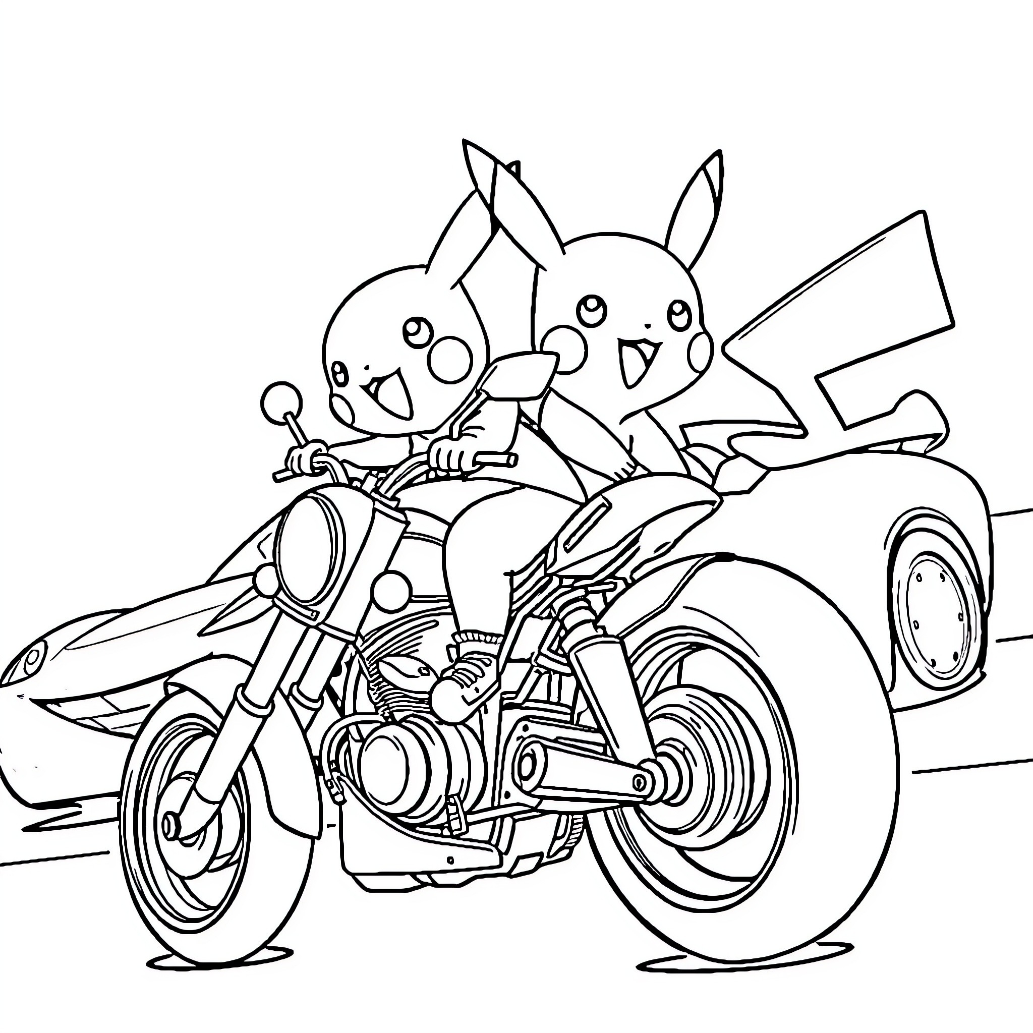Pikachu riding a motorcycle with friends Coloring Page (free black-and-white line drawing printable PDF for all, from beginners to advanced learners, including children, teens, adults, and seniors)