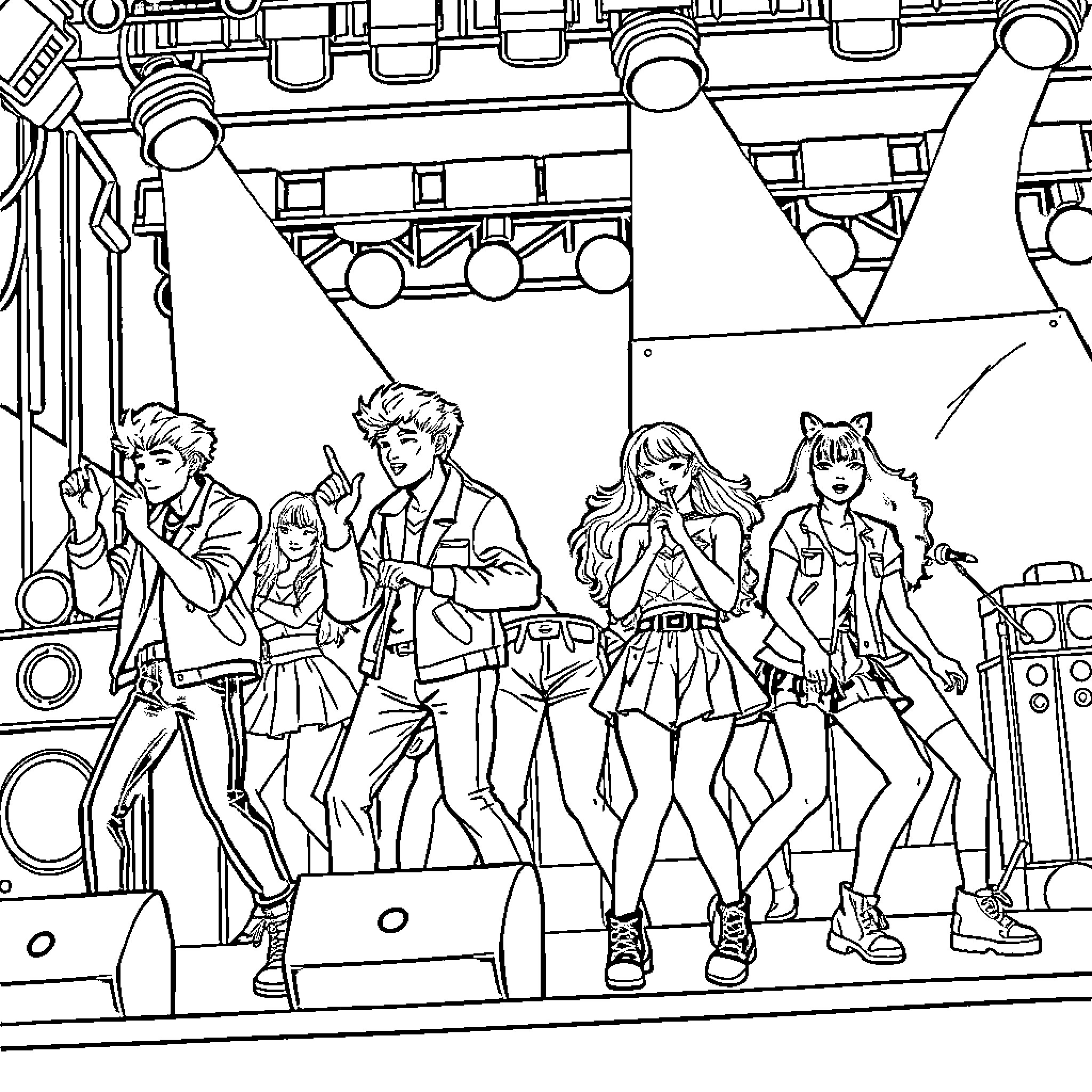 K Pop Performers in Lively Stage Attire Coloring Page (free black-and-white line drawing printable PDF for all, from beginners to advanced learners, including children, teens, adults, and seniors)