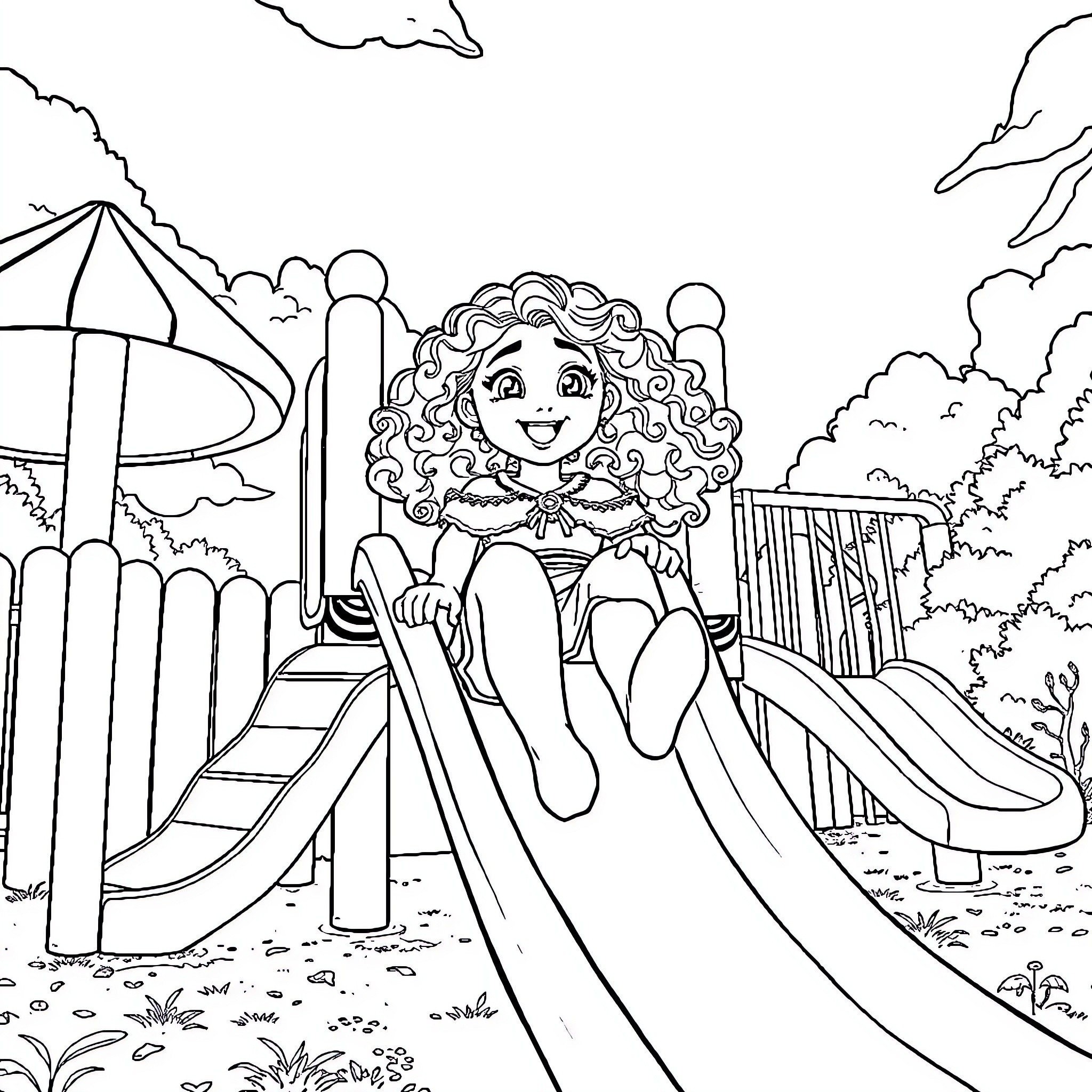 Merida enjoying a fun day at the playground Coloring Page (free black-and-white line drawing printable PDF for all, from beginners to advanced learners, including children, teens, adults, and seniors)