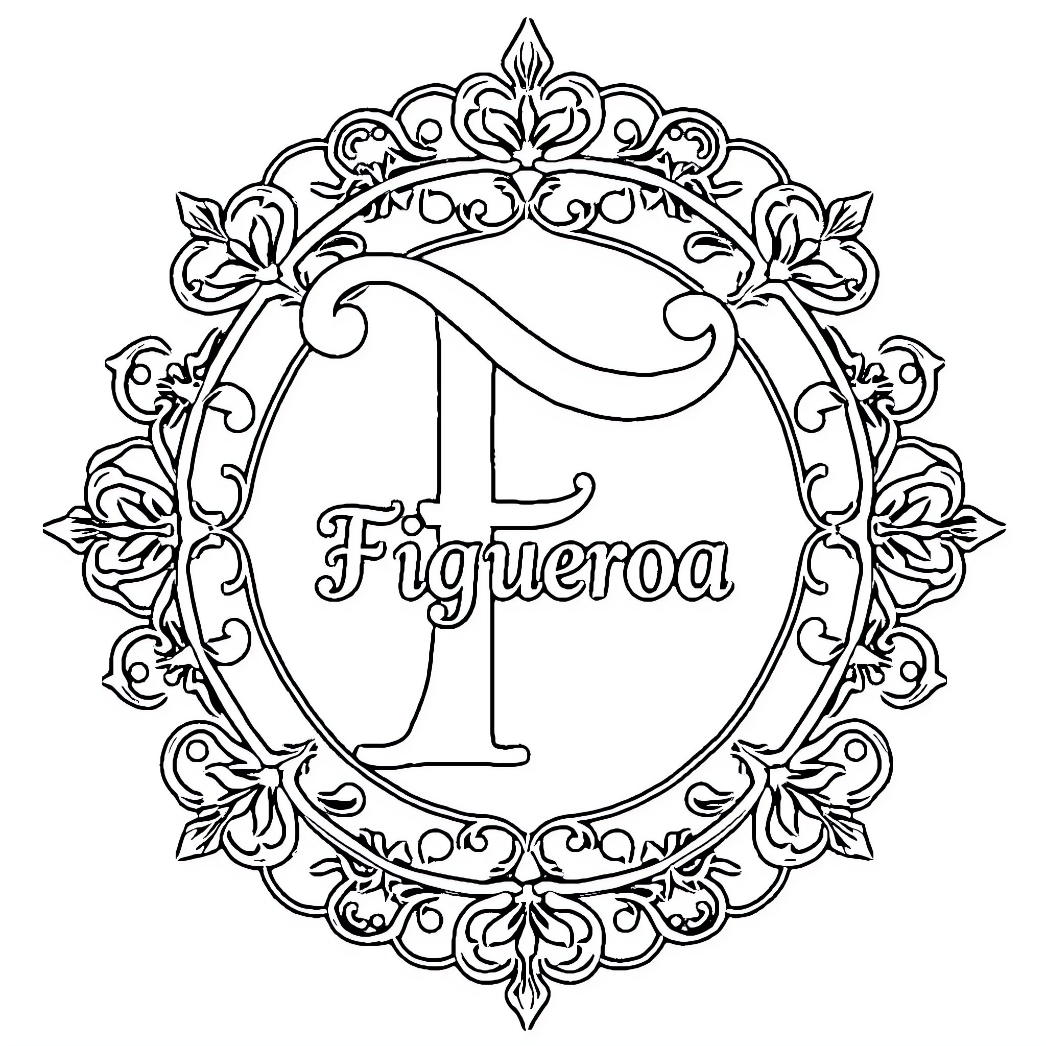 Monogram Decorative Initial F Frame Coloring Page (free black-and-white line drawing printable PDF for all, from beginners to advanced learners, including children, teens, adults, and seniors)