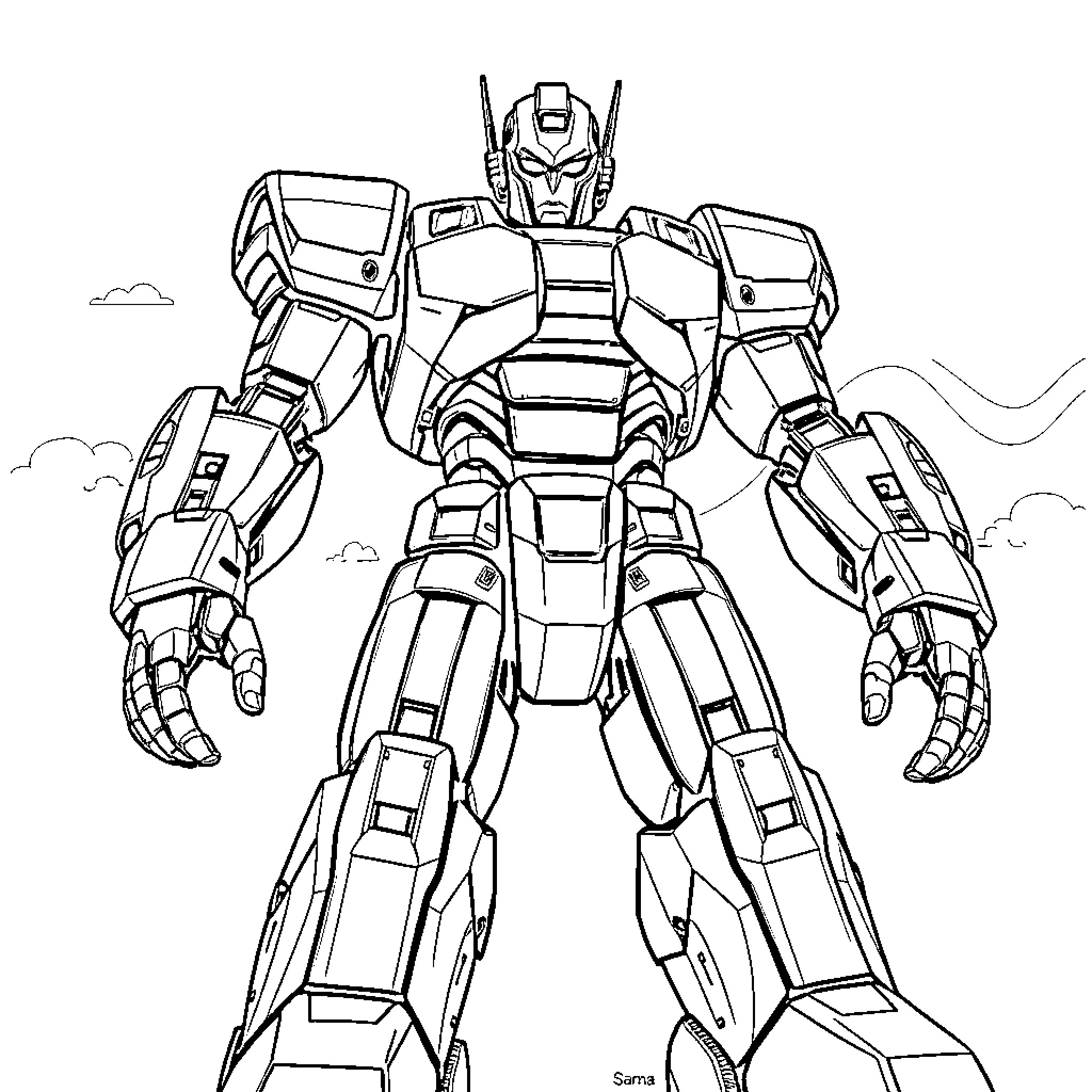 Robot hero standing in a heroic pose Coloring Page (free black-and-white line drawing printable PDF for all, from beginners to advanced learners, including children, teens, adults, and seniors)