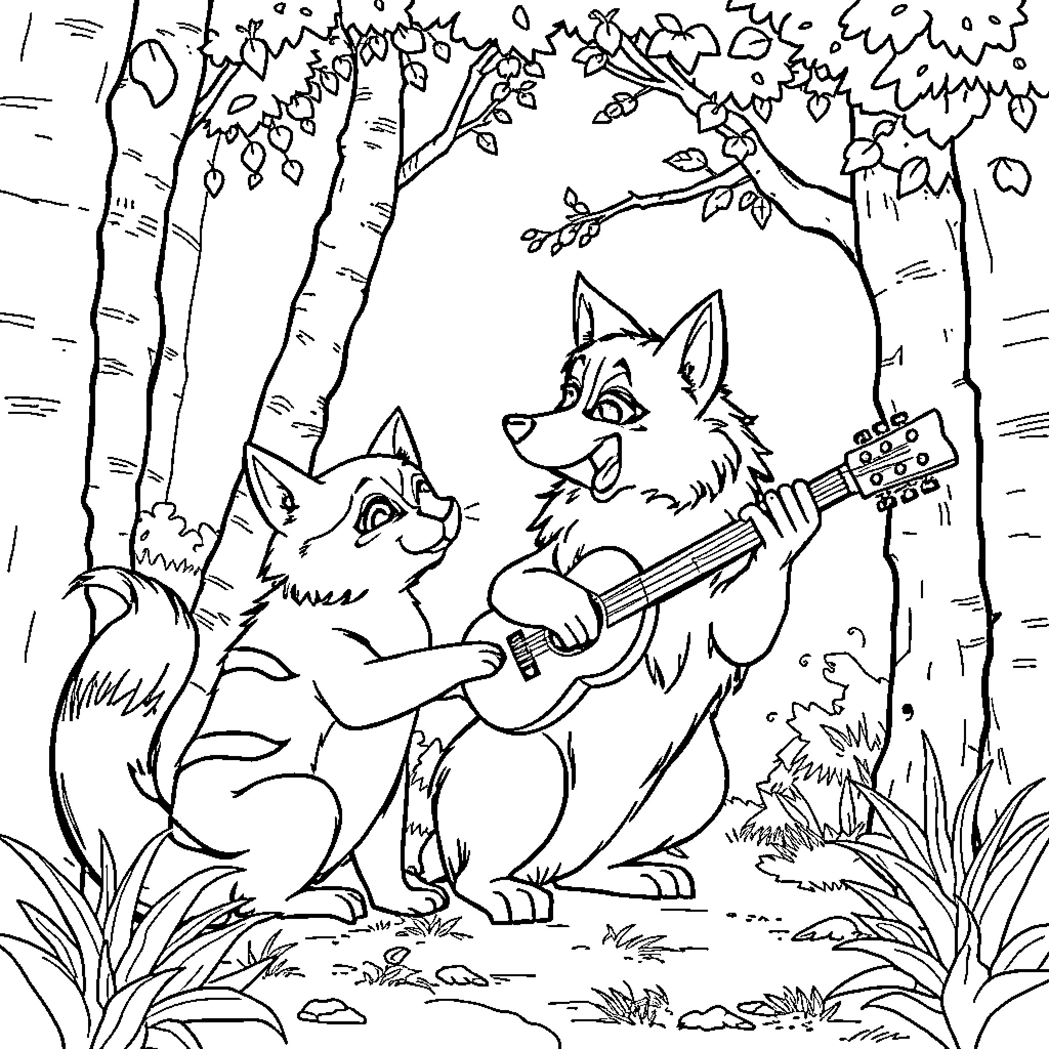 Patrulla Canina: Playful Pups Performing in the Forest Coloring Page (free black-and-white line drawing printable PDF for all, from beginners to advanced learners, including children, teens, adults, and seniors)