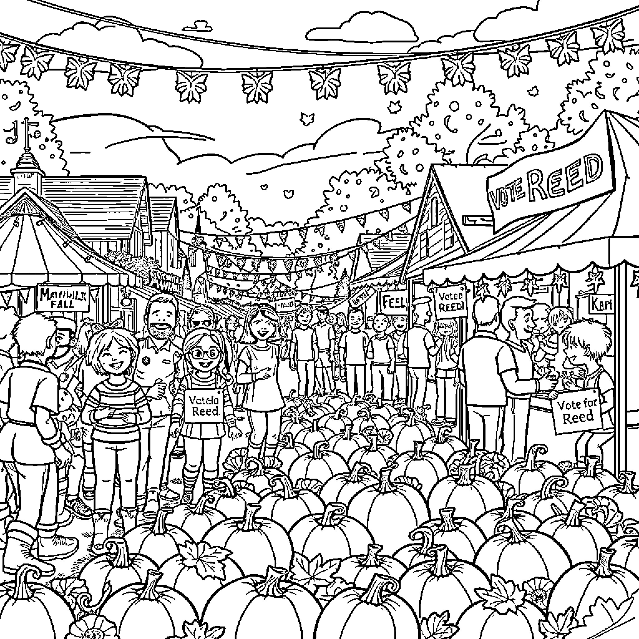 Pumpkin Patch Festival with Crowds and Decorations Coloring Page (free black-and-white line drawing printable PDF for all, from beginners to advanced learners, including children, teens, adults, and seniors)