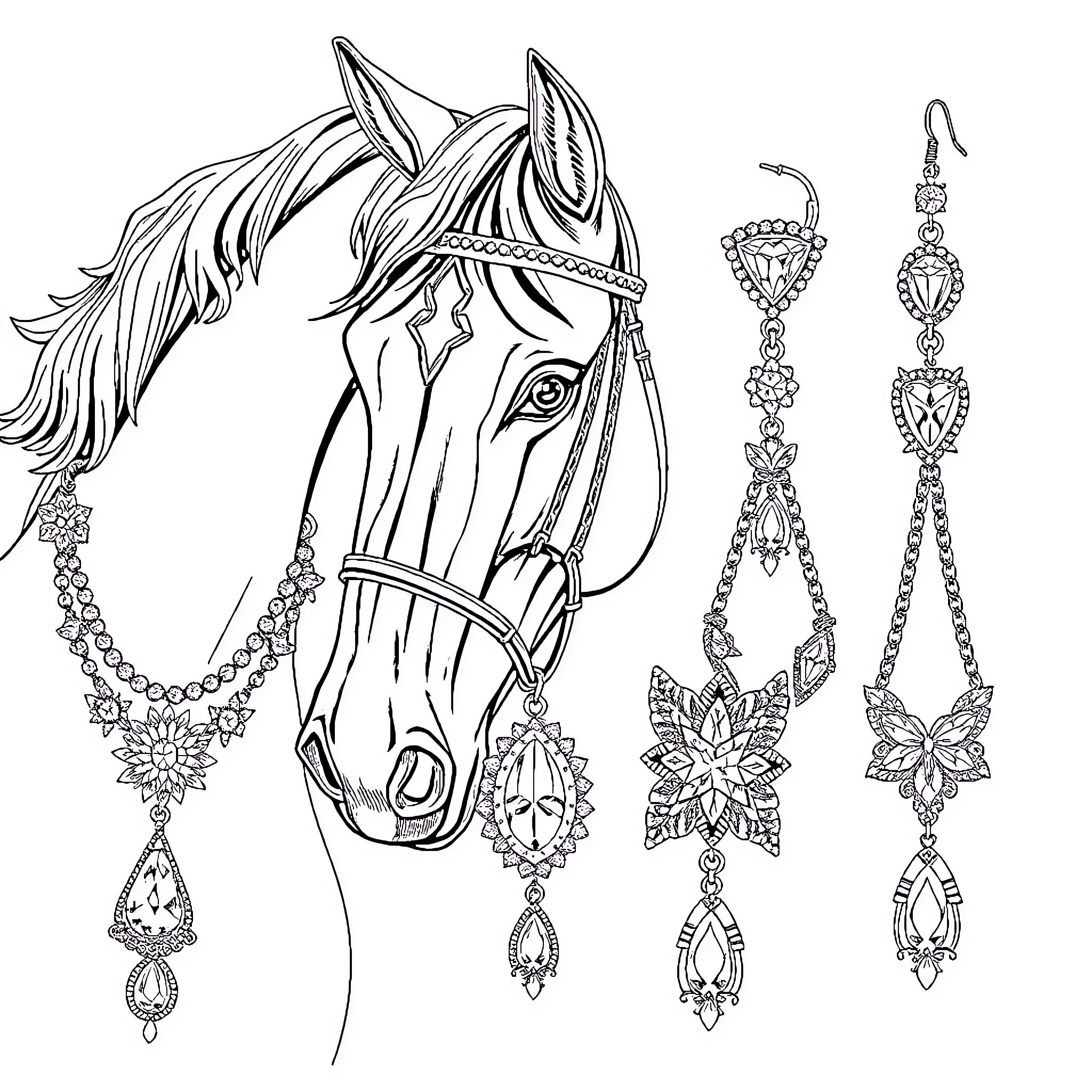 Horse with ornate equine accessories Coloring Page (free black-and-white line drawing printable PDF for all, from beginners to advanced learners, including children, teens, adults, and seniors)