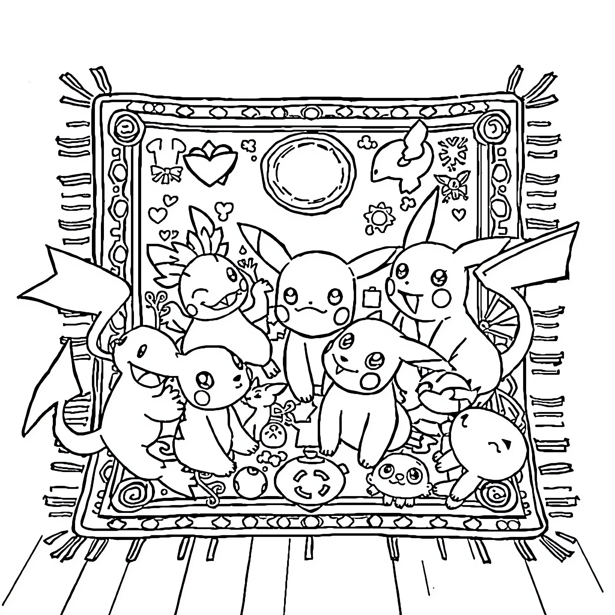 Pokémon Characters in Decorative Frame Coloring Page (free black-and-white line drawing printable PDF for all, from beginners to advanced learners, including children, teens, adults, and seniors)