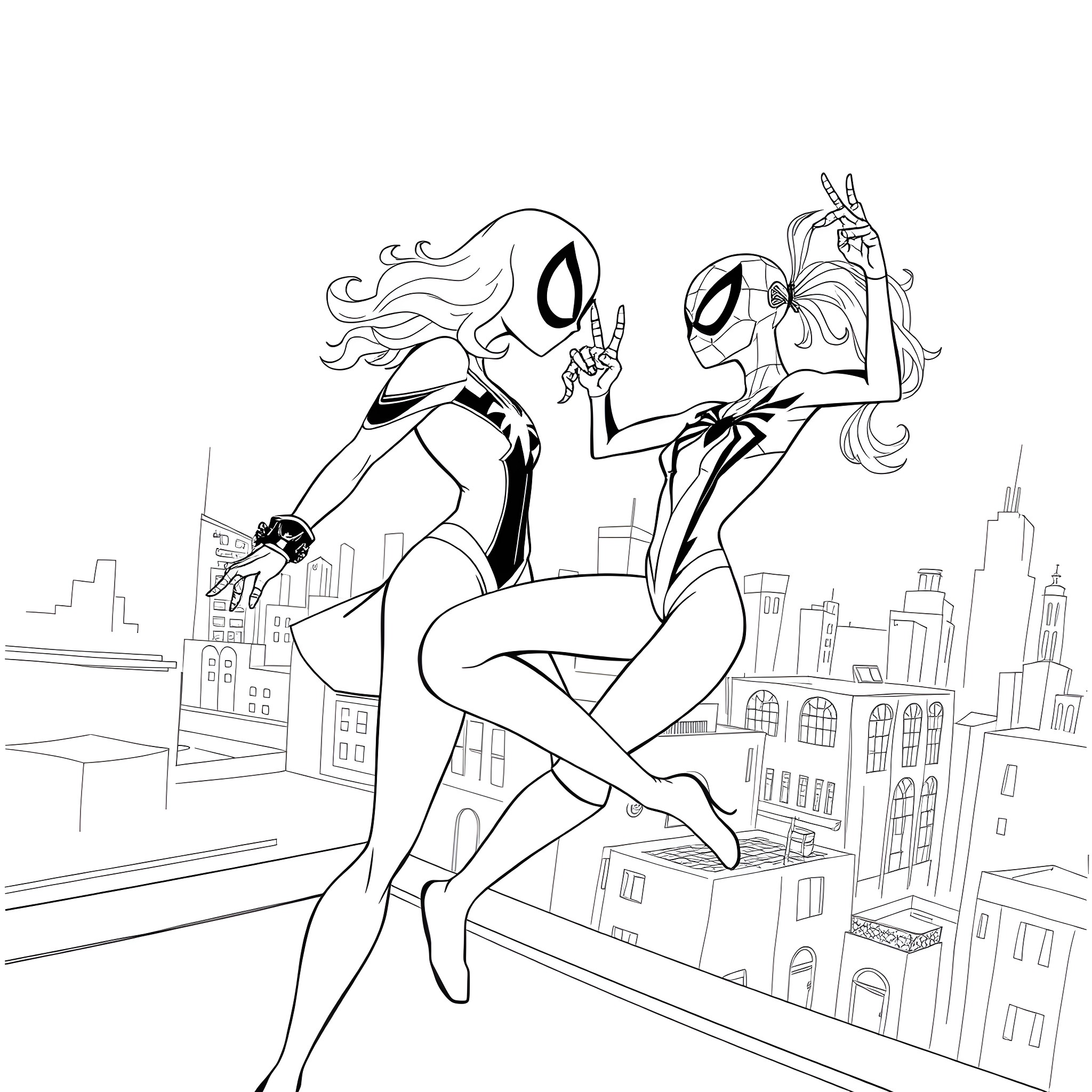 Kuromi and Companion Explore the City Skyline Coloring Page (free black-and-white line drawing printable PDF for all, from beginners to advanced learners, including children, teens, adults, and seniors)