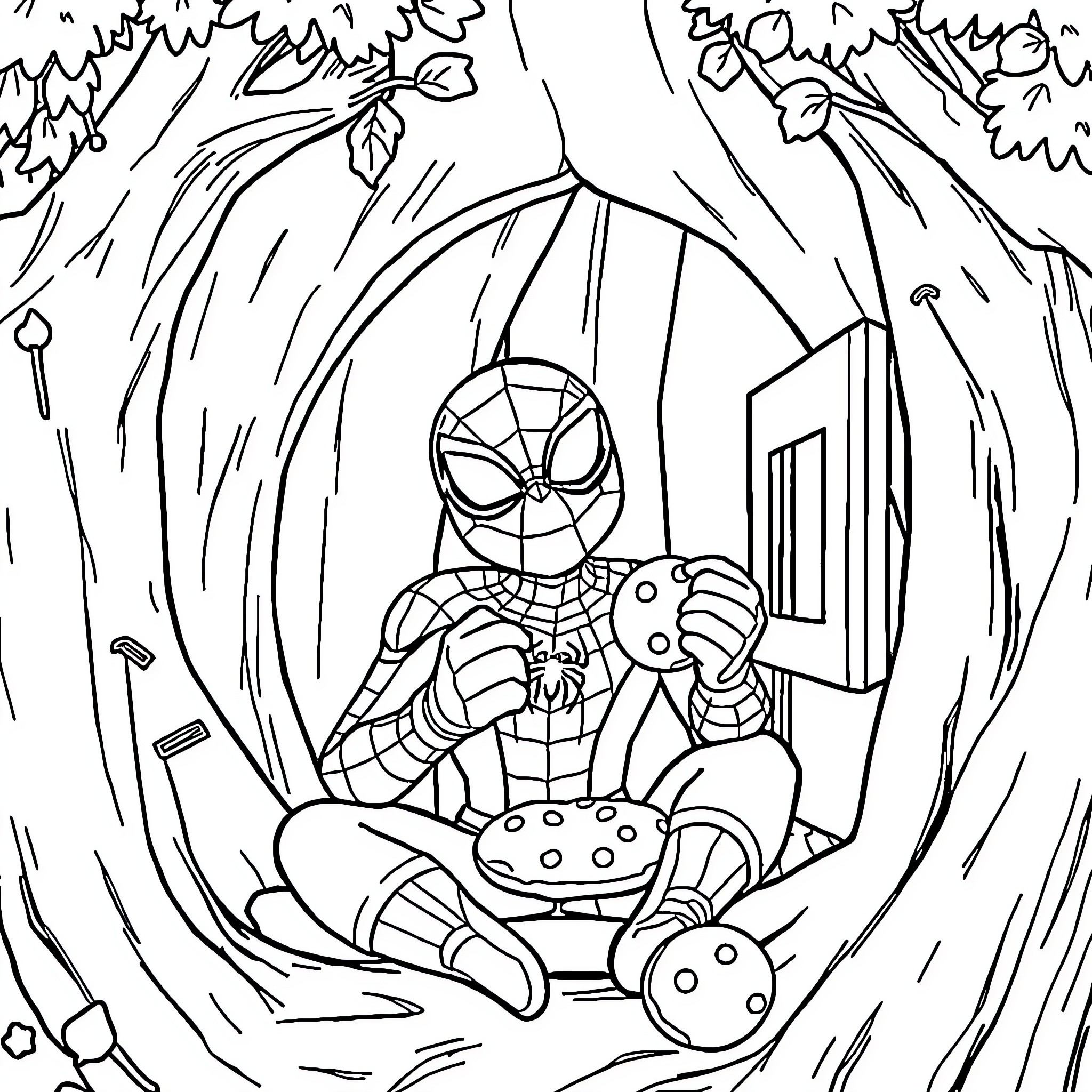 Spiderman in action-packed adventure in the forest Coloring Page (free black-and-white line drawing printable PDF for all, from beginners to advanced learners, including children, teens, adults, and seniors)