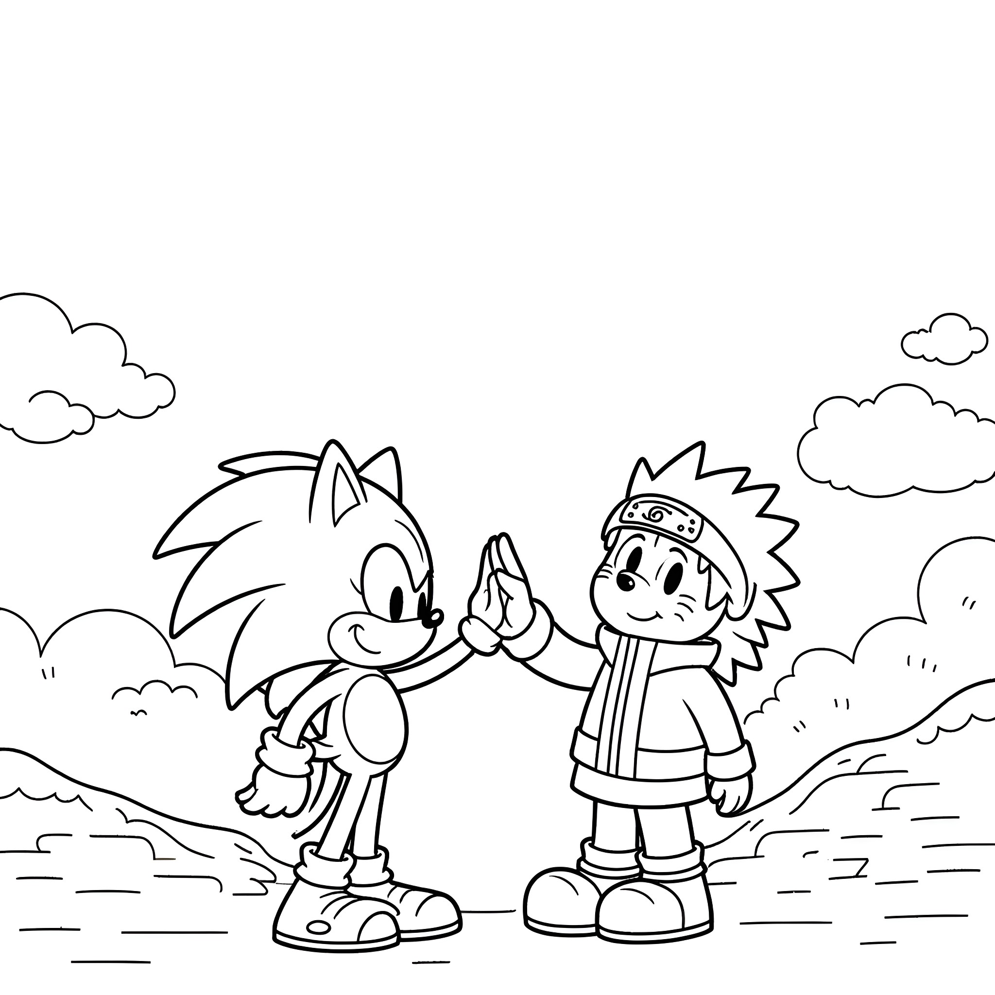 Sonic and Friend Fist Bump in Outdoor Scene Coloring Page (free black-and-white line drawing printable PDF for all, from beginners to advanced learners, including children, teens, adults, and seniors)