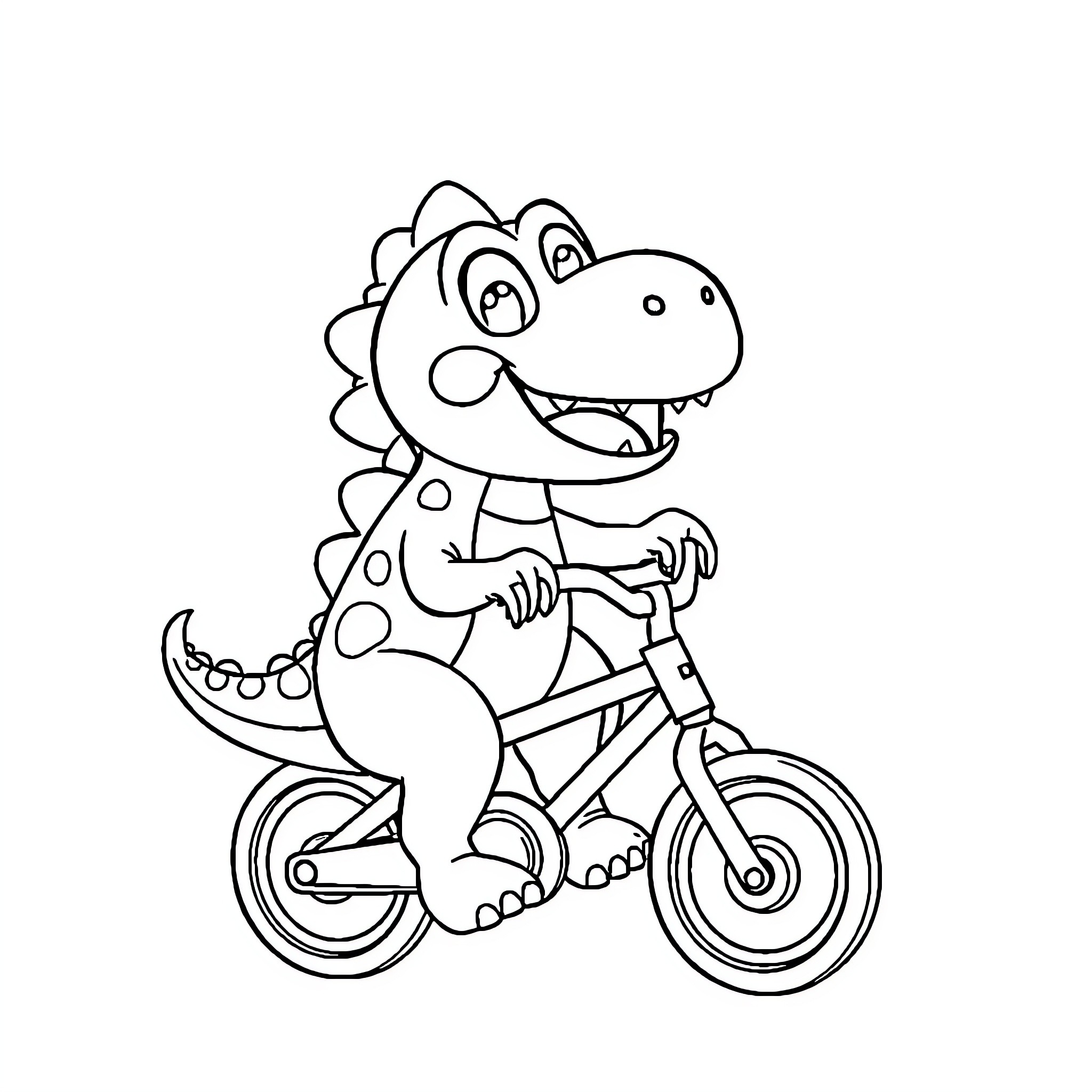 Dinosaur riding a bicycle with enthusiasm Coloring Page (free black-and-white line drawing printable PDF for all, from beginners to advanced learners, including children, teens, adults, and seniors)