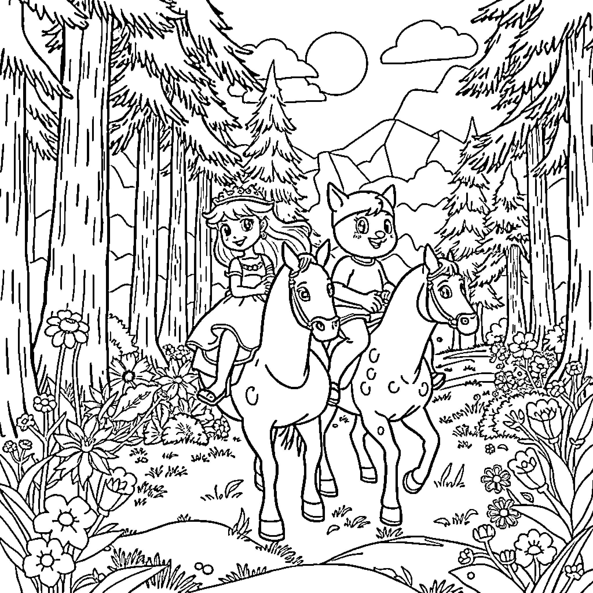 Princess on a horse exploring the magical forest Coloring Page (free black-and-white line drawing printable PDF for all, from beginners to advanced learners, including children, teens, adults, and seniors)