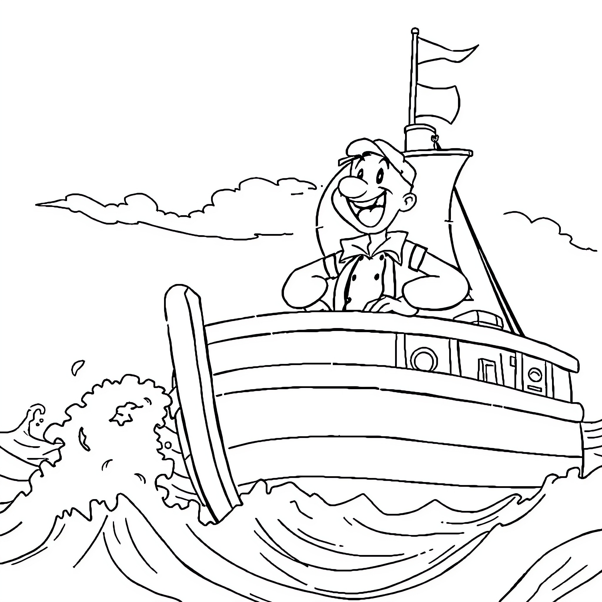 Popeye sailing happily on the open sea Coloring Page (free black-and-white line drawing printable PDF for all, from beginners to advanced learners, including children, teens, adults, and seniors)