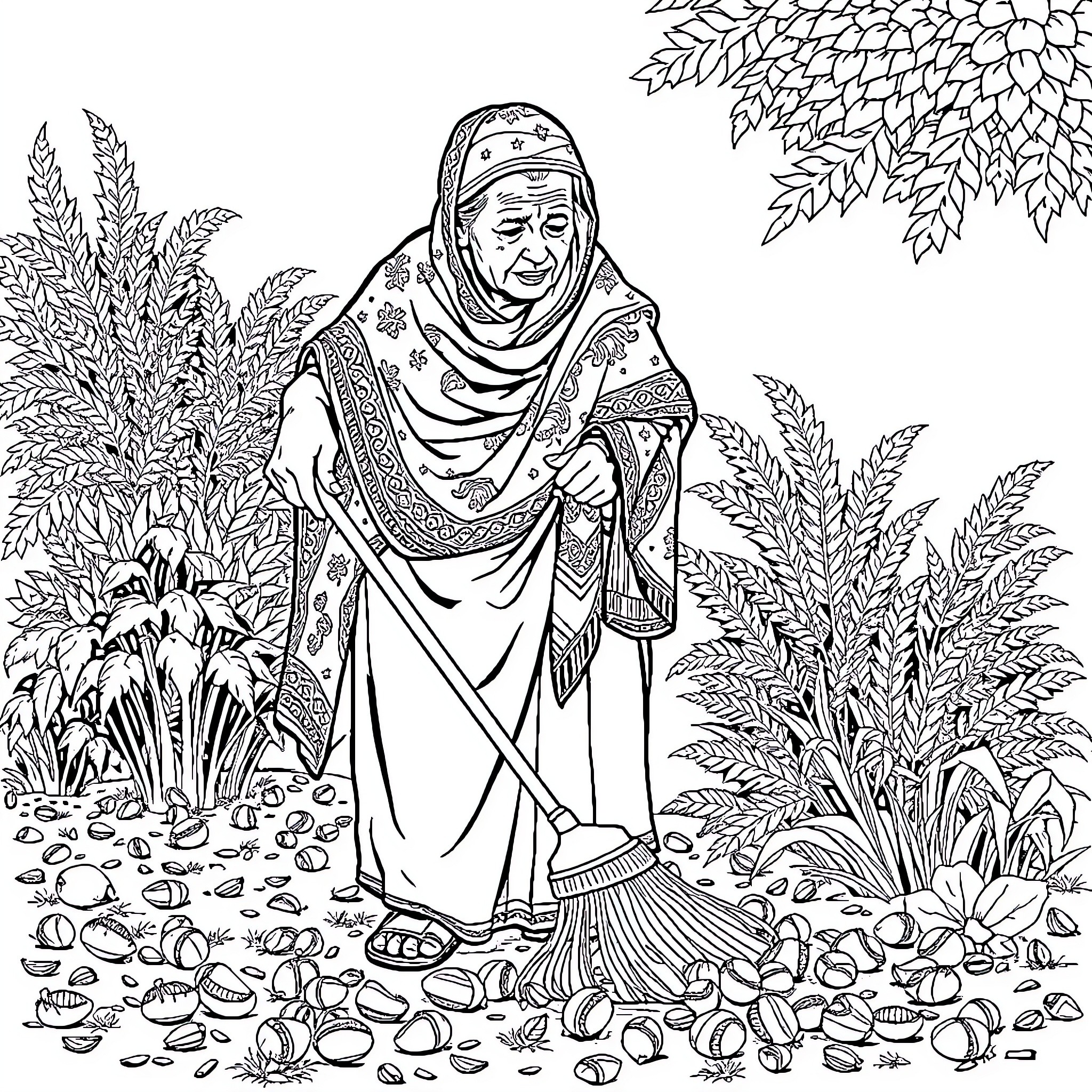 Grandma sweeping the garden path Coloring Page (free black-and-white line drawing printable PDF for all, from beginners to advanced learners, including children, teens, adults, and seniors)