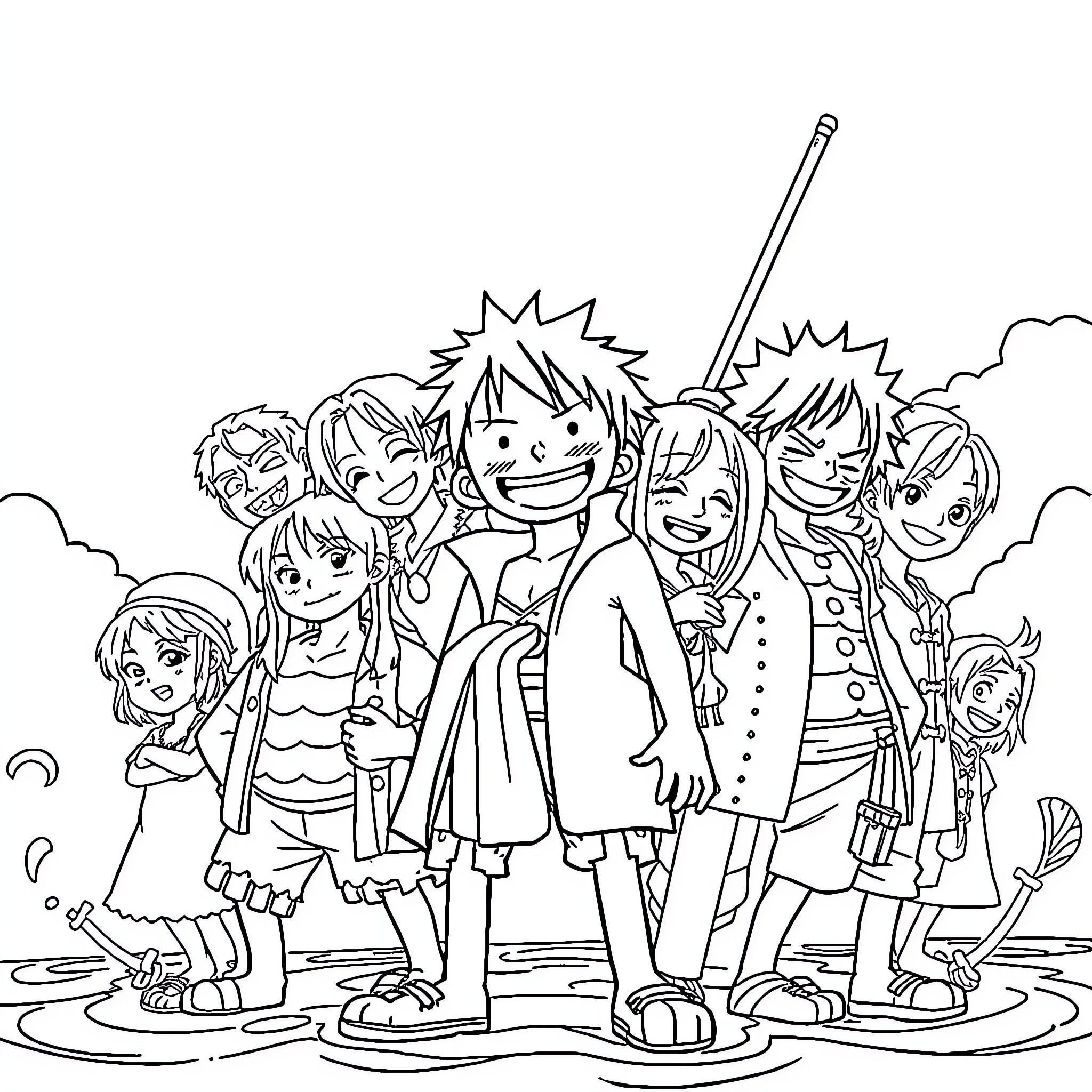 One Piece Straw Hat Crew in Friendly Gathering Coloring Page (free black-and-white line drawing printable PDF for all, from beginners to advanced learners, including children, teens, adults, and seniors)