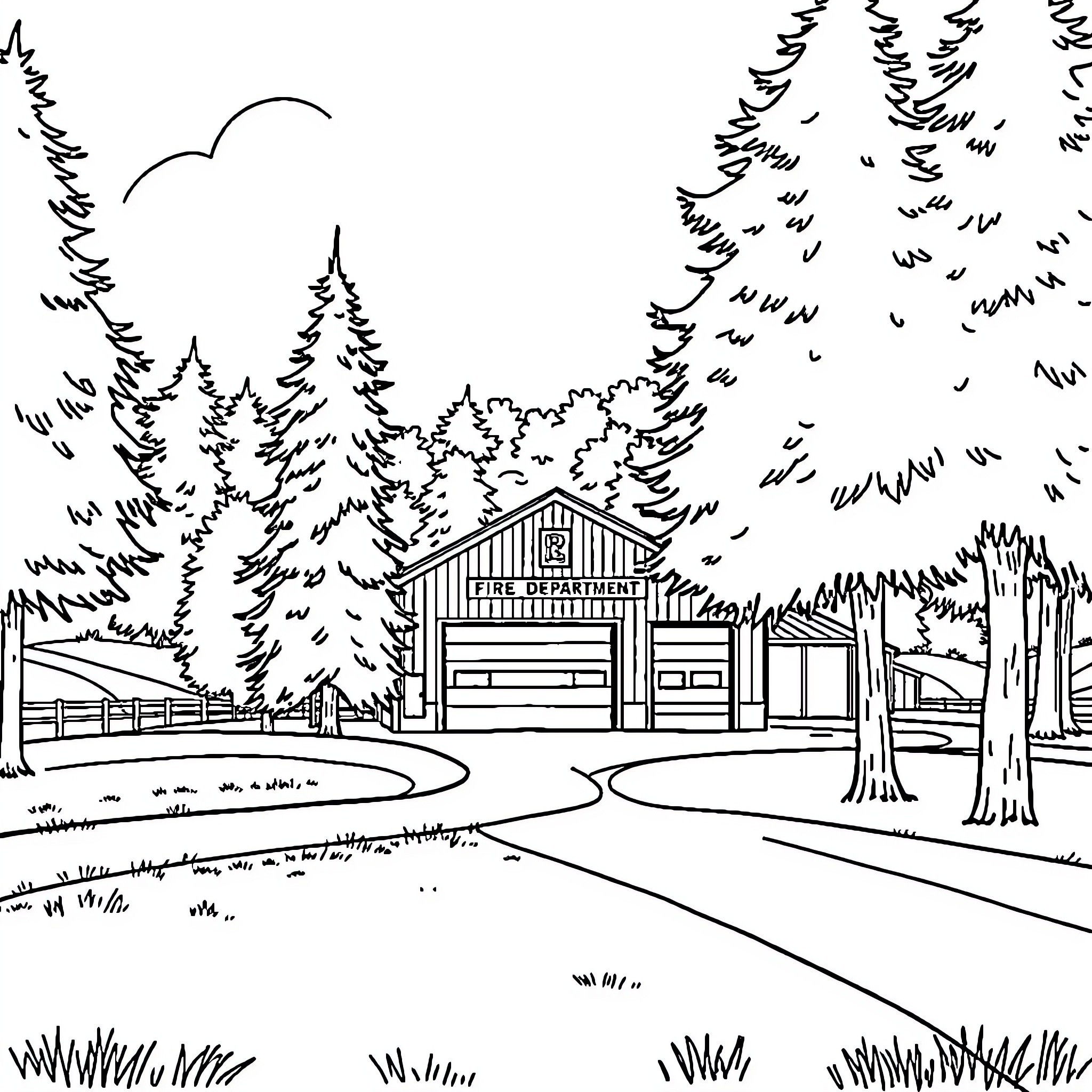 Fire Department Responding to Emergency in Snowy Forest Coloring Page (free black-and-white line drawing printable PDF for all, from beginners to advanced learners, including children, teens, adults, and seniors)