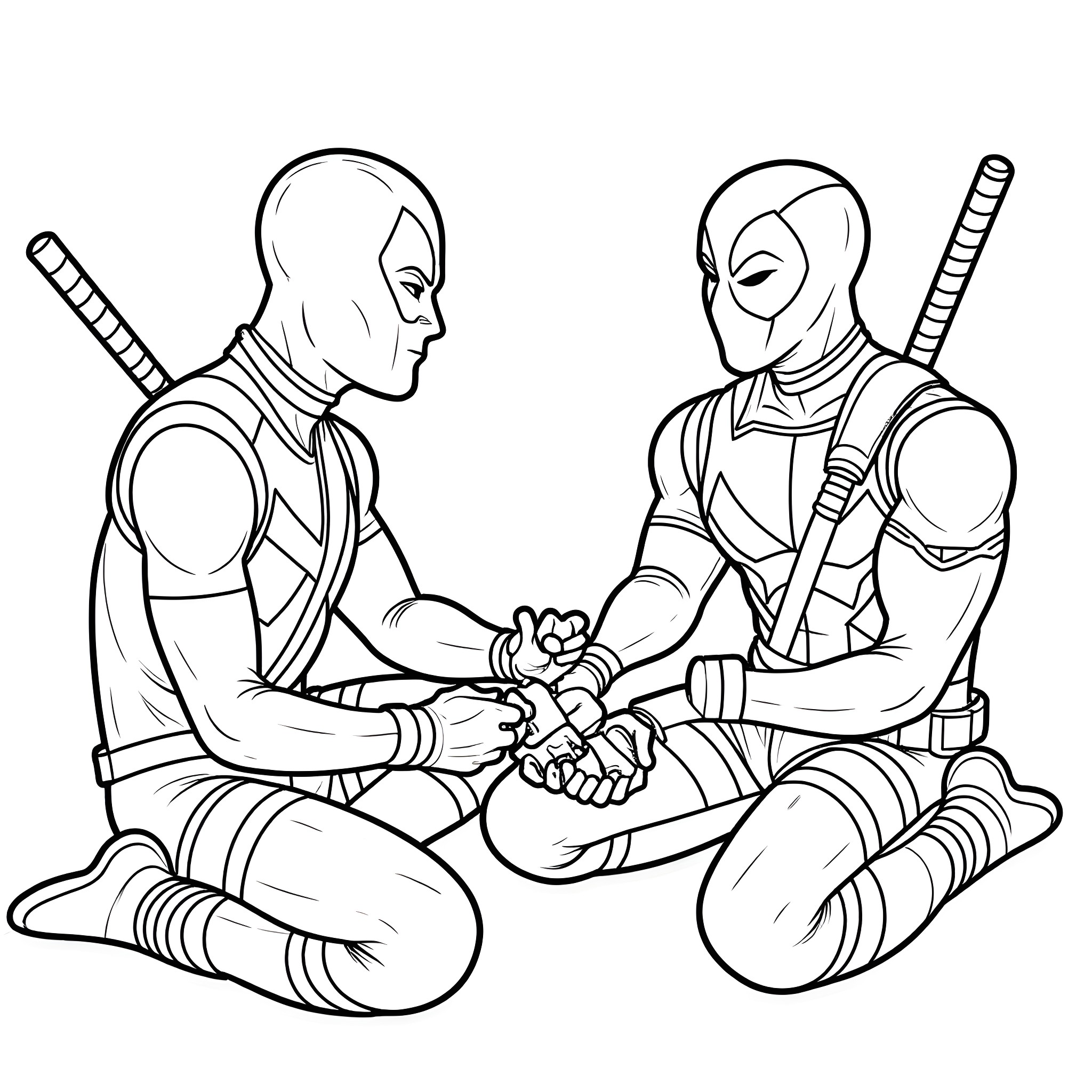 Deadpool and Deadpool in conversation Coloring Page (free black-and-white line drawing printable PDF for all, from beginners to advanced learners, including children, teens, adults, and seniors)