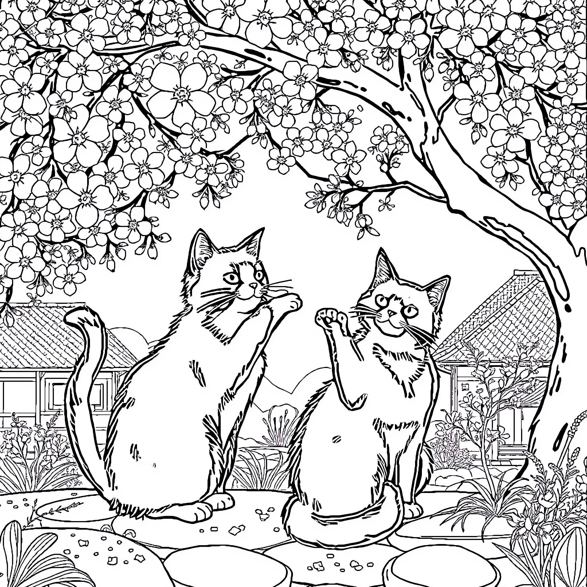 Cats enjoying springtime in the garden Coloring Page (free black-and-white line drawing printable PDF for all, from beginners to advanced learners, including children, teens, adults, and seniors)