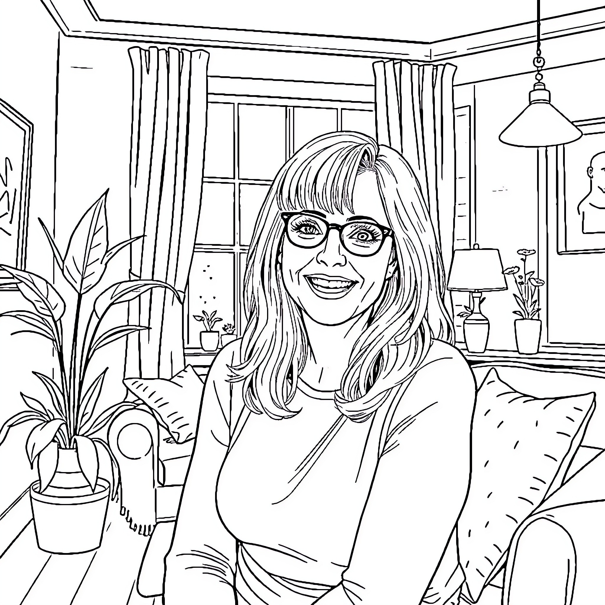 Nina Hartley smiling and posing in a cozy indoor setting Coloring Page (free black-and-white line drawing printable PDF for all, from beginners to advanced learners, including children, teens, adults, and seniors)