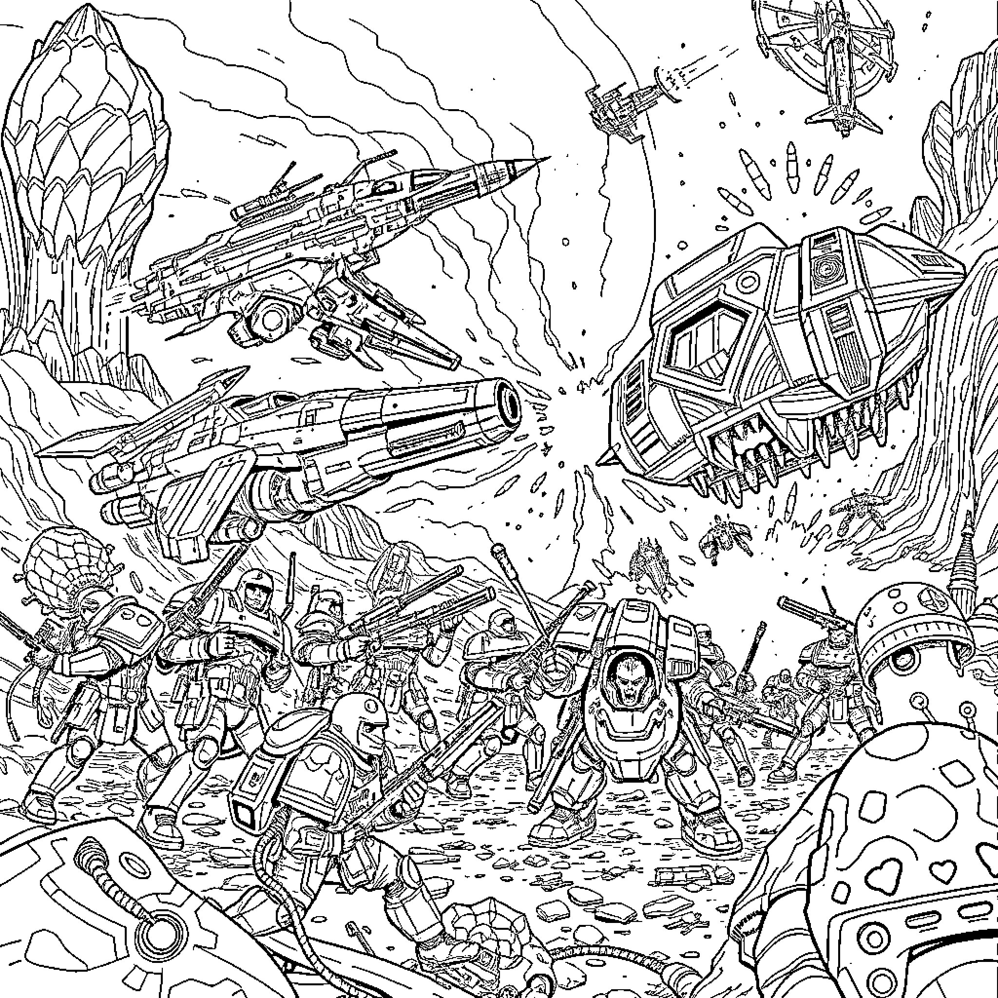 Warhammer 40k: Epic Space Battle with Futuristic Vehicles Coloring Page (free black-and-white line drawing printable PDF for all, from beginners to advanced learners, including children, teens, adults, and seniors)