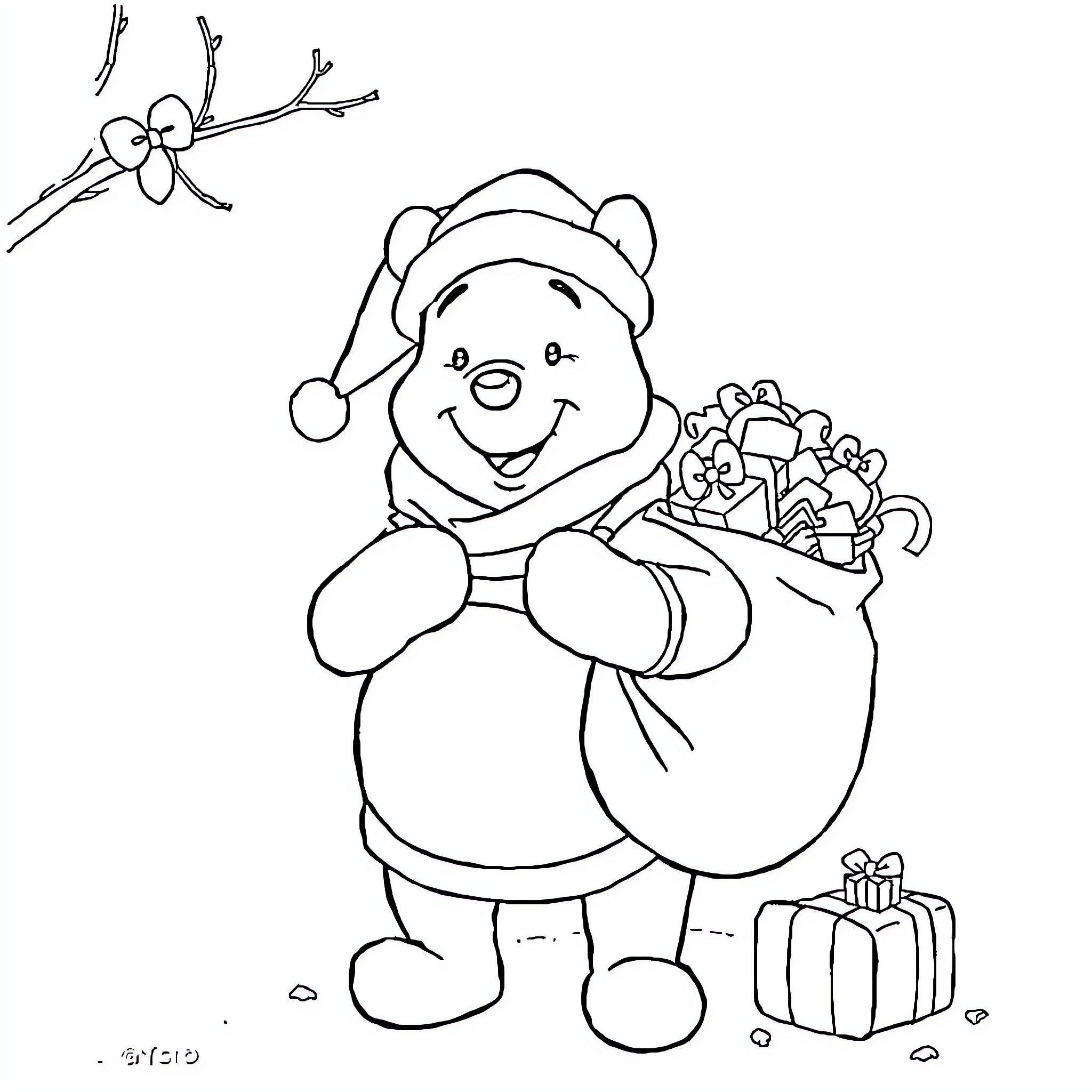 Winnie the Silly Bear with Gifts Coloring Page (free black-and-white line drawing printable PDF for all, from beginners to advanced learners, including children, teens, adults, and seniors)