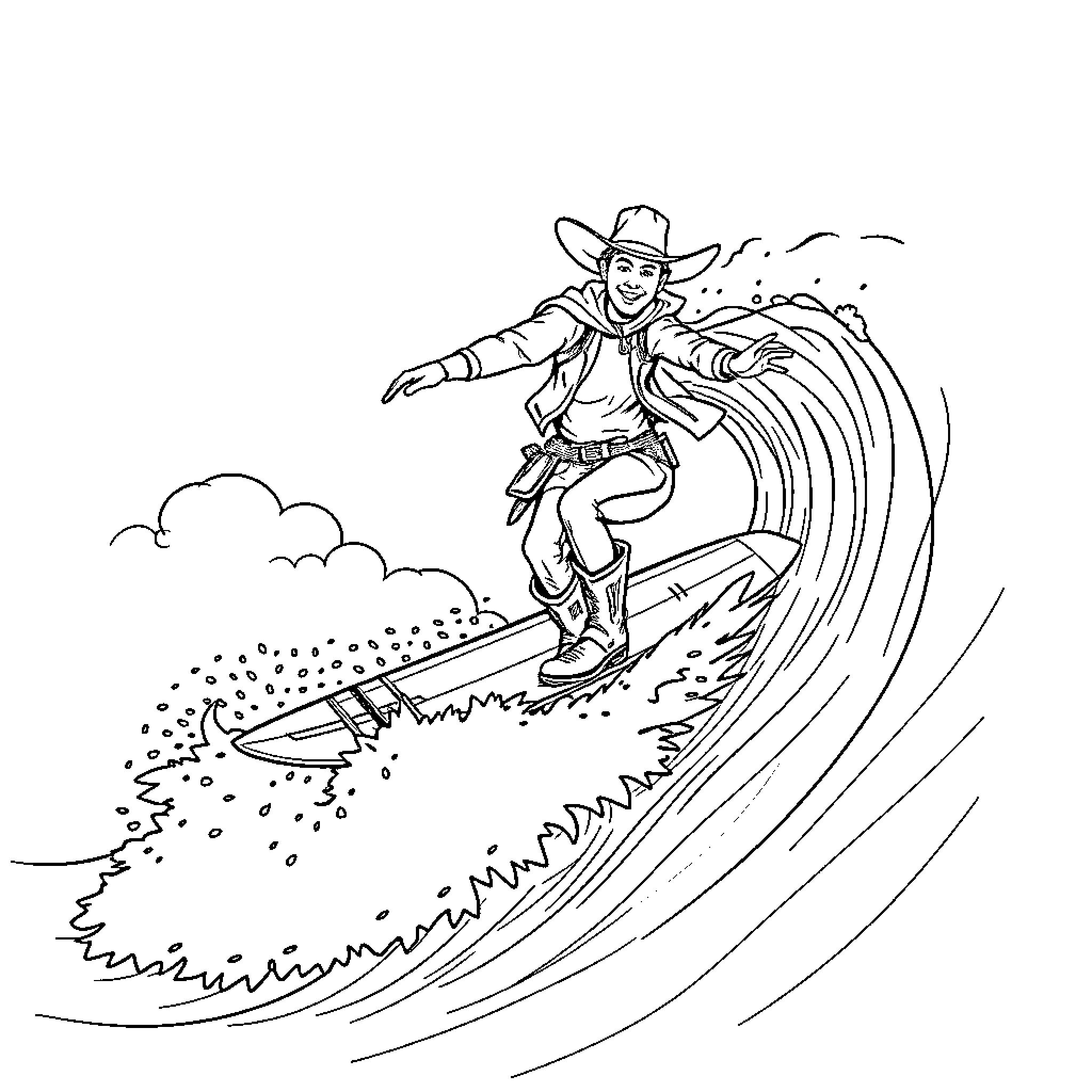 Cowboy surfing on a wave of clouds Coloring Page (free black-and-white line drawing printable PDF for all, from beginners to advanced learners, including children, teens, adults, and seniors)