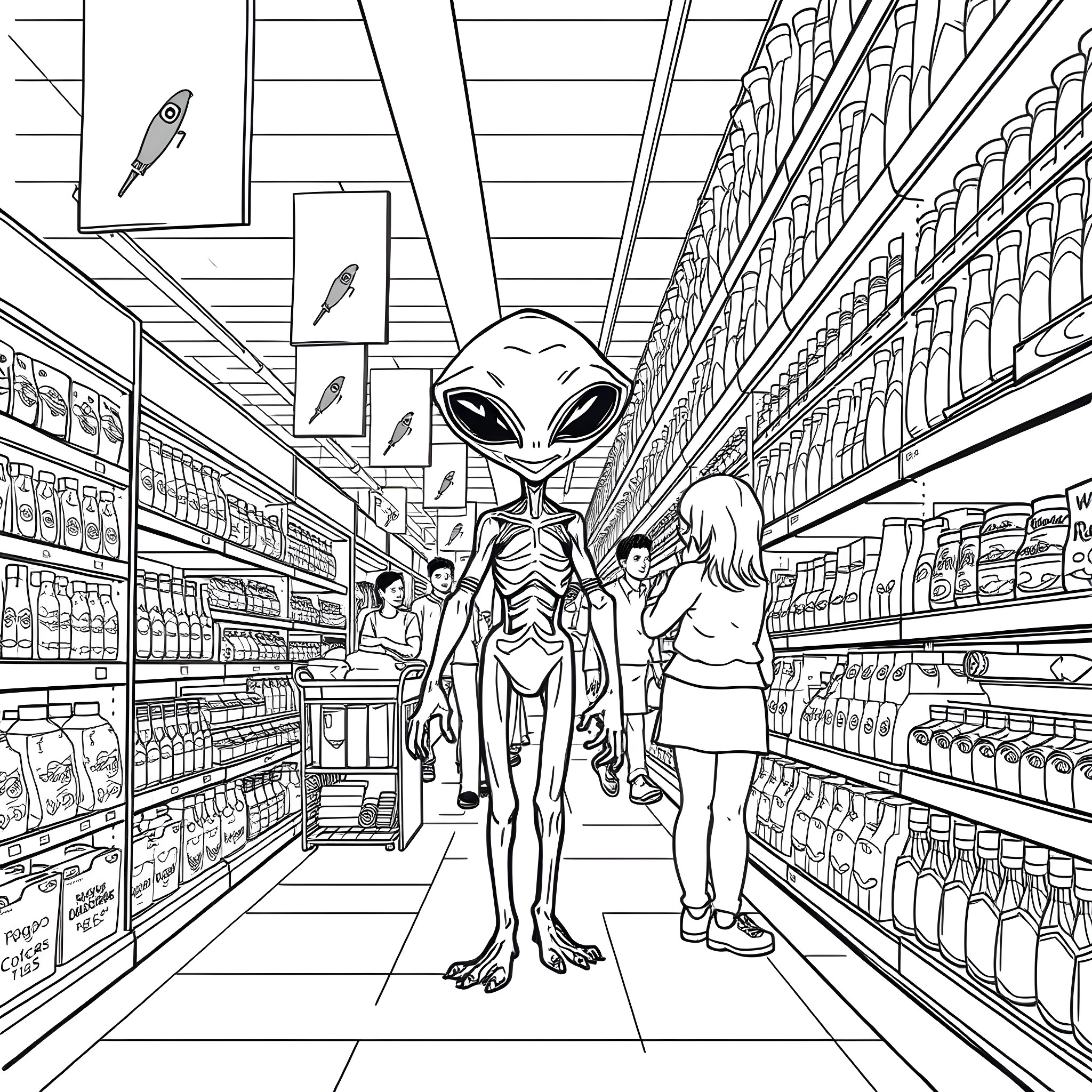 ET shopping in a futuristic grocery store Coloring Page (free black-and-white line drawing printable PDF for all, from beginners to advanced learners, including children, teens, adults, and seniors)