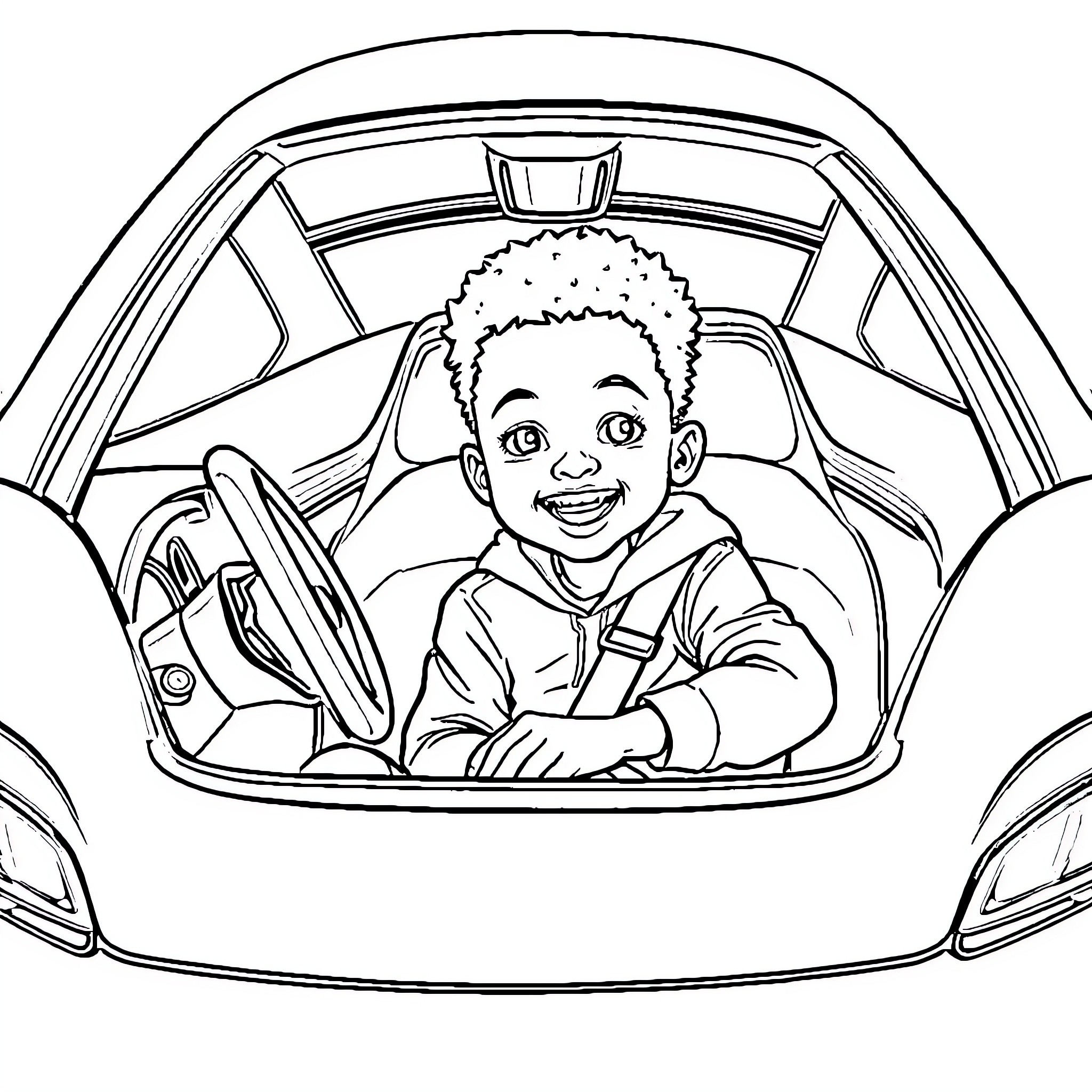 Boy happily driving a car Coloring Page (free black-and-white line drawing printable PDF for all, from beginners to advanced learners, including children, teens, adults, and seniors)