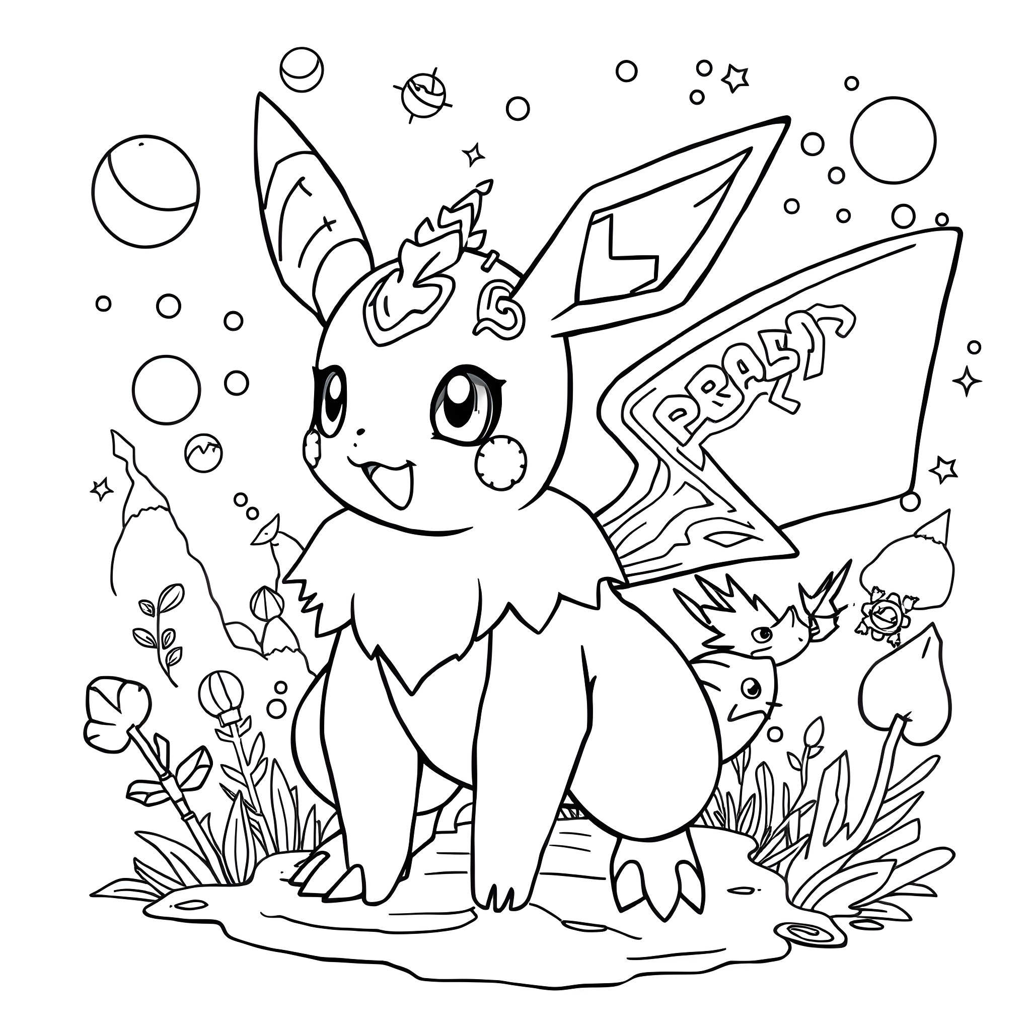 Pokémon Sparky playing amidst nature's wonders Coloring Page (free black-and-white line drawing printable PDF for all, from beginners to advanced learners, including children, teens, adults, and seniors)