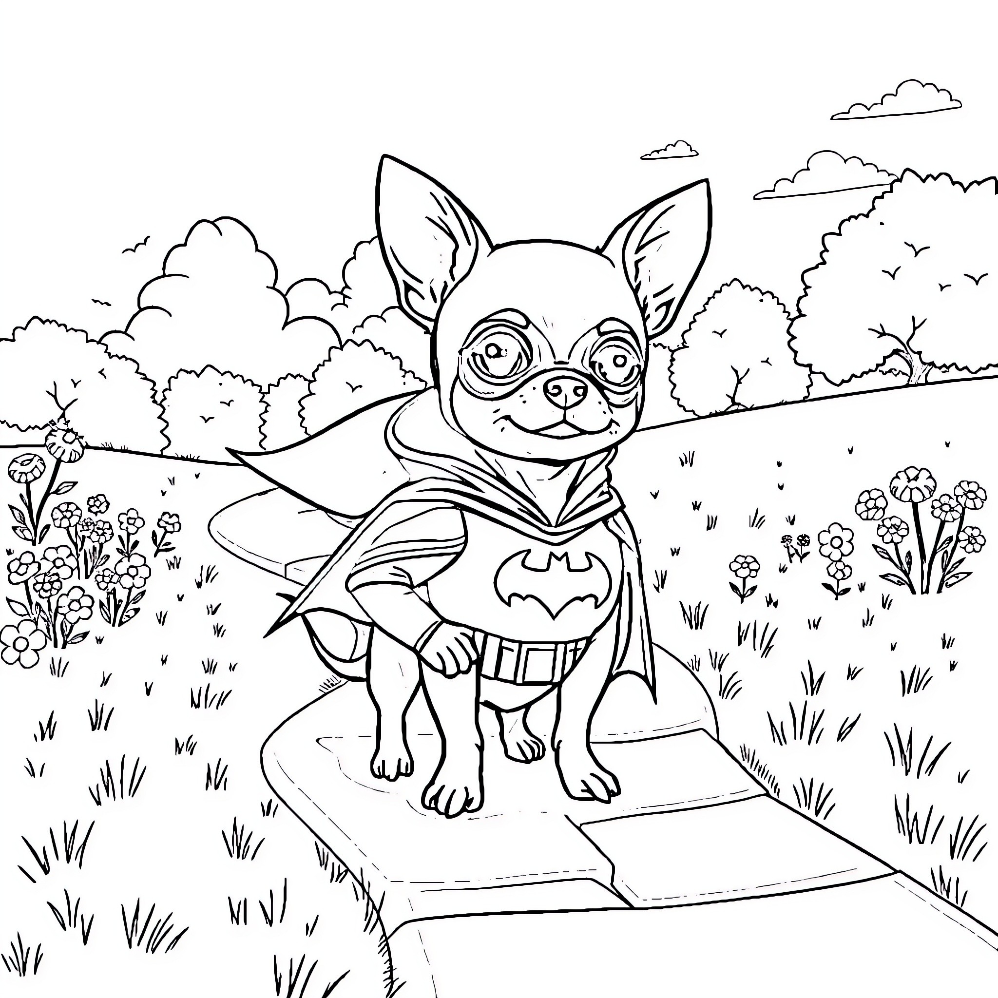 Chihuahua superhero exploring the outdoors Coloring Page (free black-and-white line drawing printable PDF for all, from beginners to advanced learners, including children, teens, adults, and seniors)
