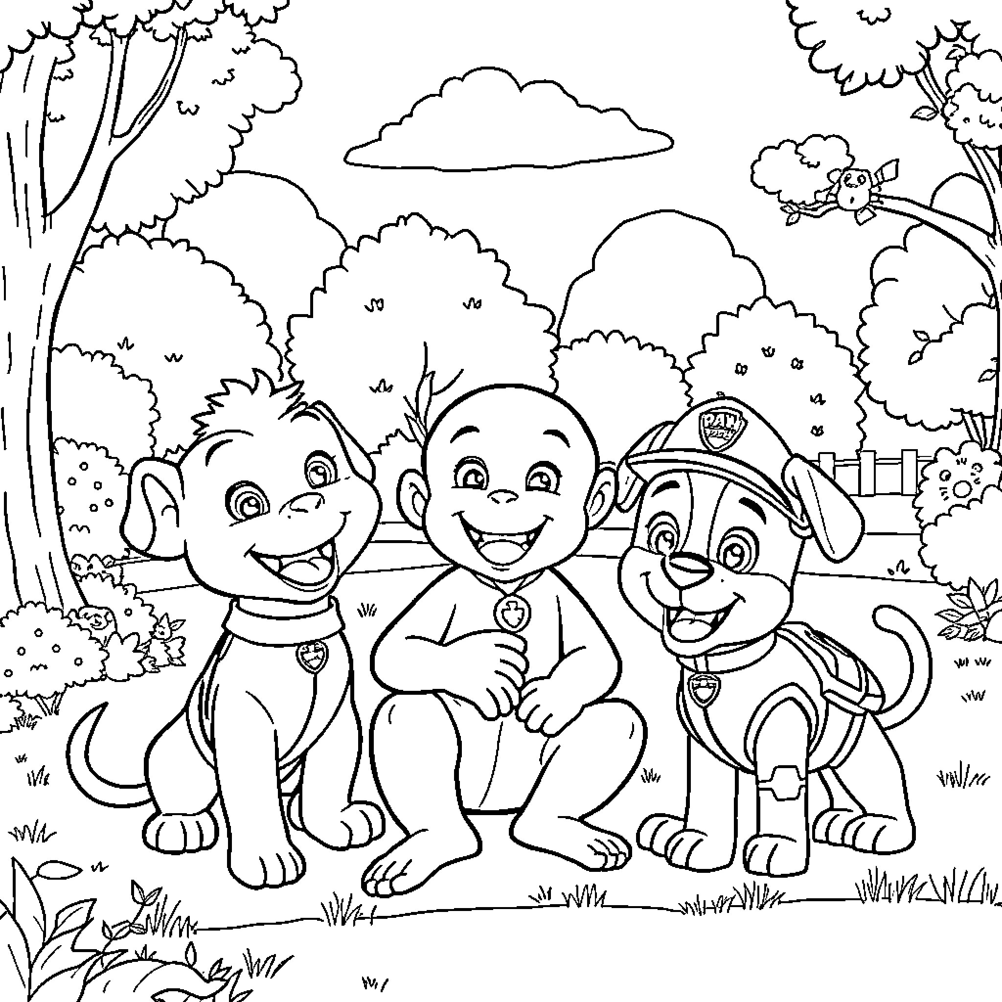 Curious George and Friends Explore the Outdoors Coloring Page (free black-and-white line drawing printable PDF for all, from beginners to advanced learners, including children, teens, adults, and seniors)