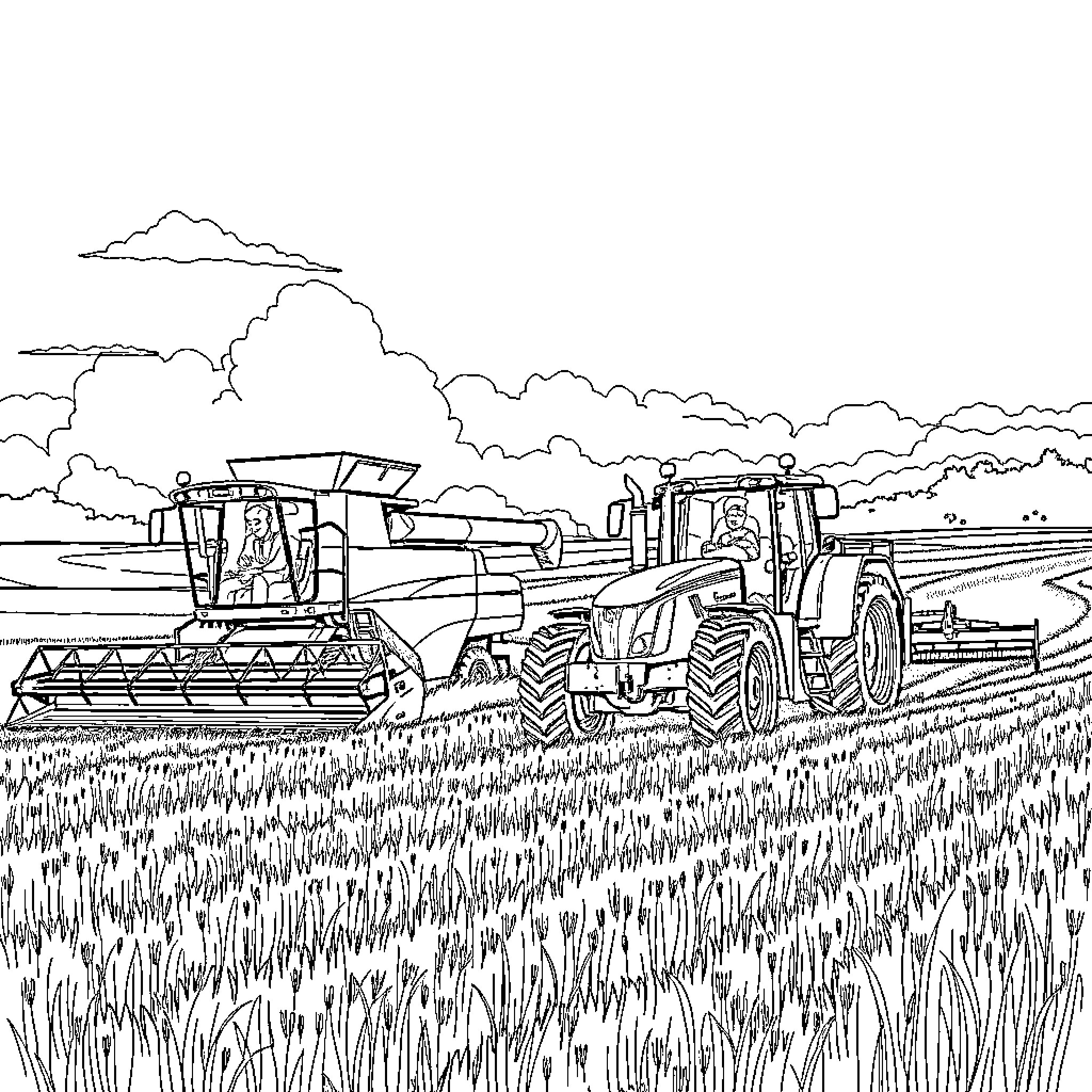 Farming Vehicles in Action on the Field Coloring Page (free black-and-white line drawing printable PDF for all, from beginners to advanced learners, including children, teens, adults, and seniors)