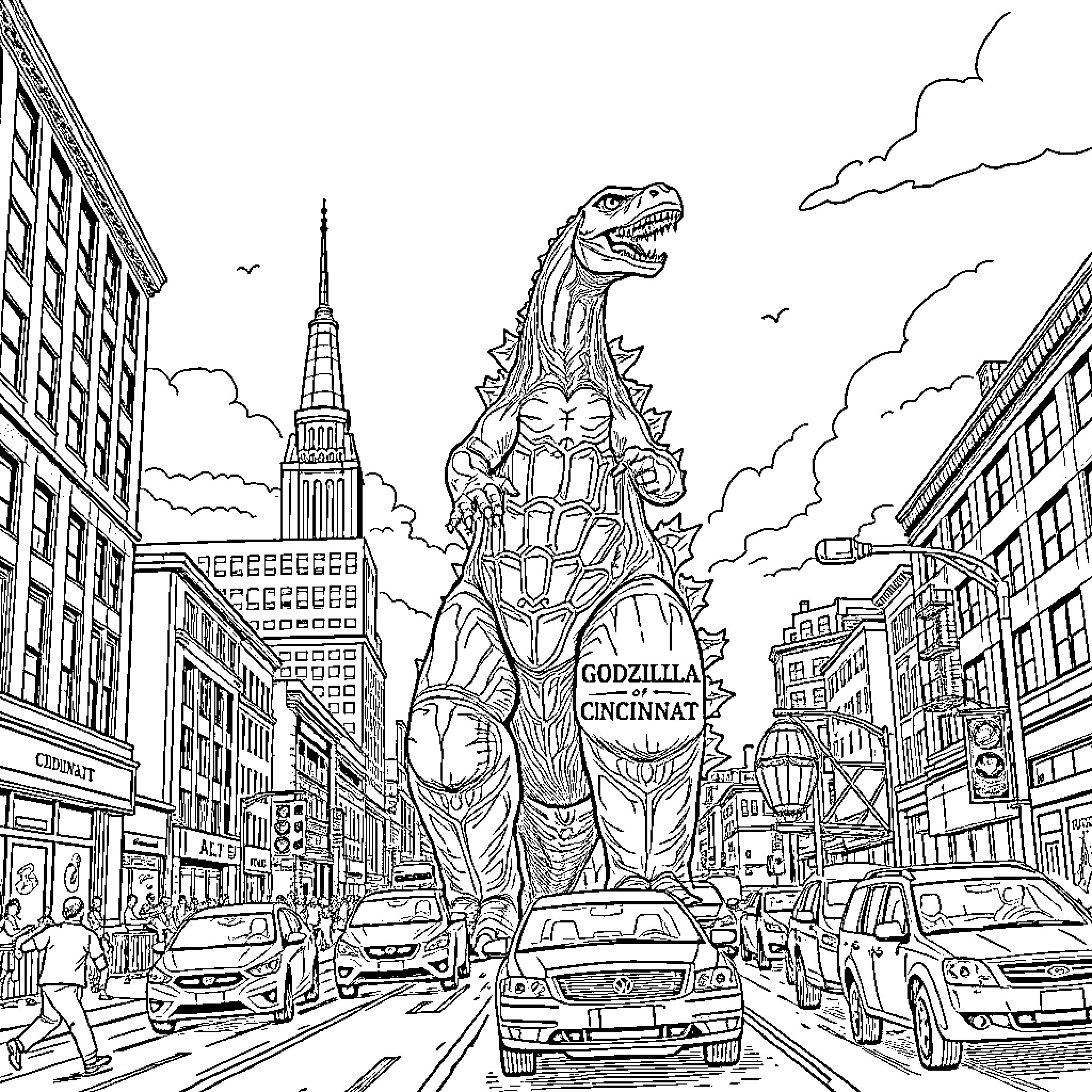 Godzilla stomping through the city streets Coloring Page (free black-and-white line drawing printable PDF for all, from beginners to advanced learners, including children, teens, adults, and seniors)