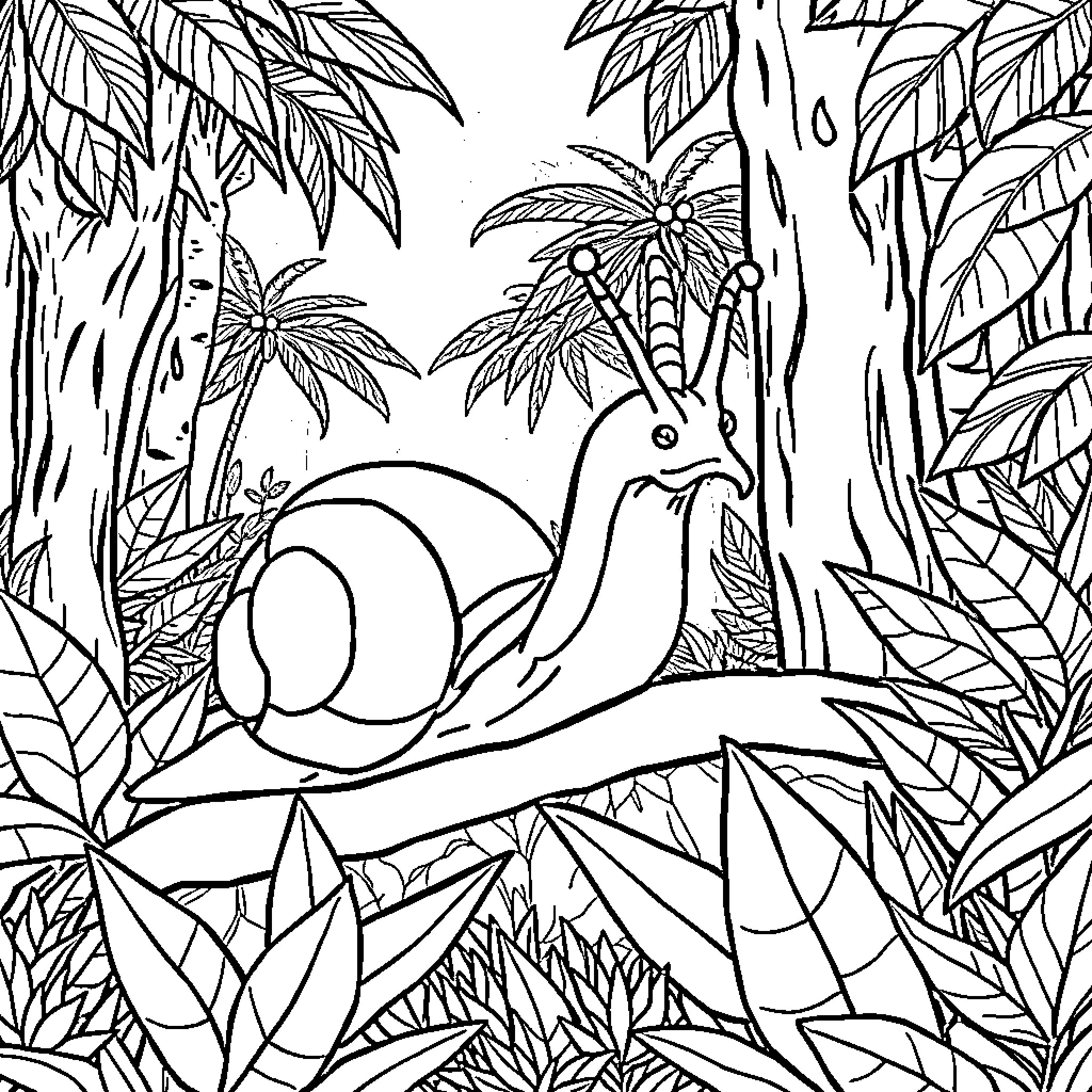 Snail exploring the lush jungle landscape Coloring Page (free black-and-white line drawing printable PDF for all, from beginners to advanced learners, including children, teens, adults, and seniors)