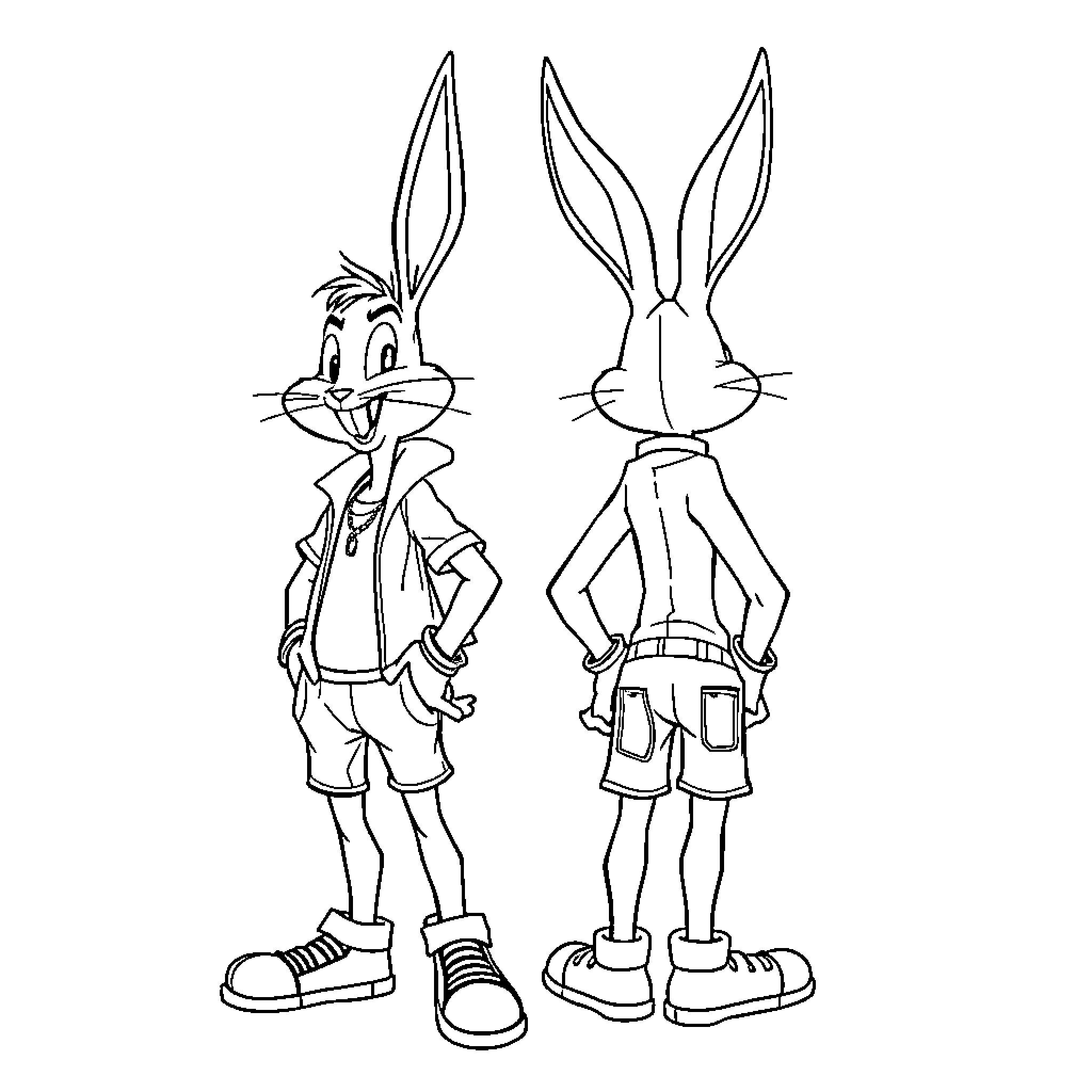 Bugs Bunny in mischievous poses Coloring Page (free black-and-white line drawing printable PDF for all, from beginners to advanced learners, including children, teens, adults, and seniors)