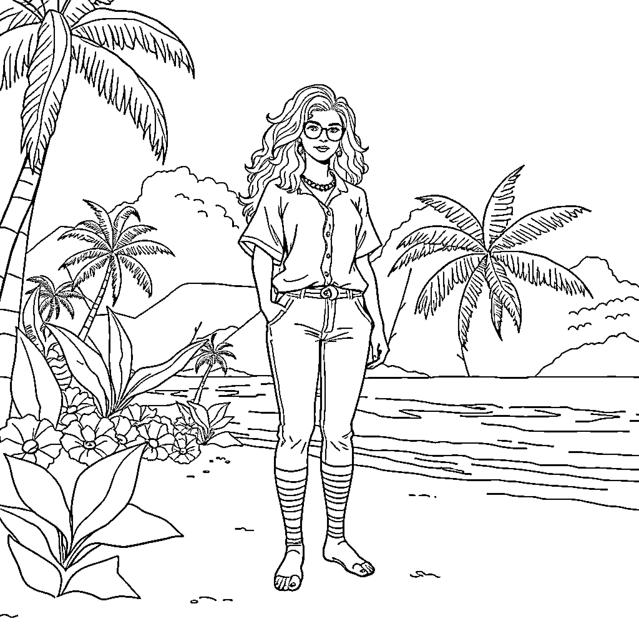 Goddess exploring tropical paradise Coloring Page (free black-and-white line drawing printable PDF for all, from beginners to advanced learners, including children, teens, adults, and seniors)