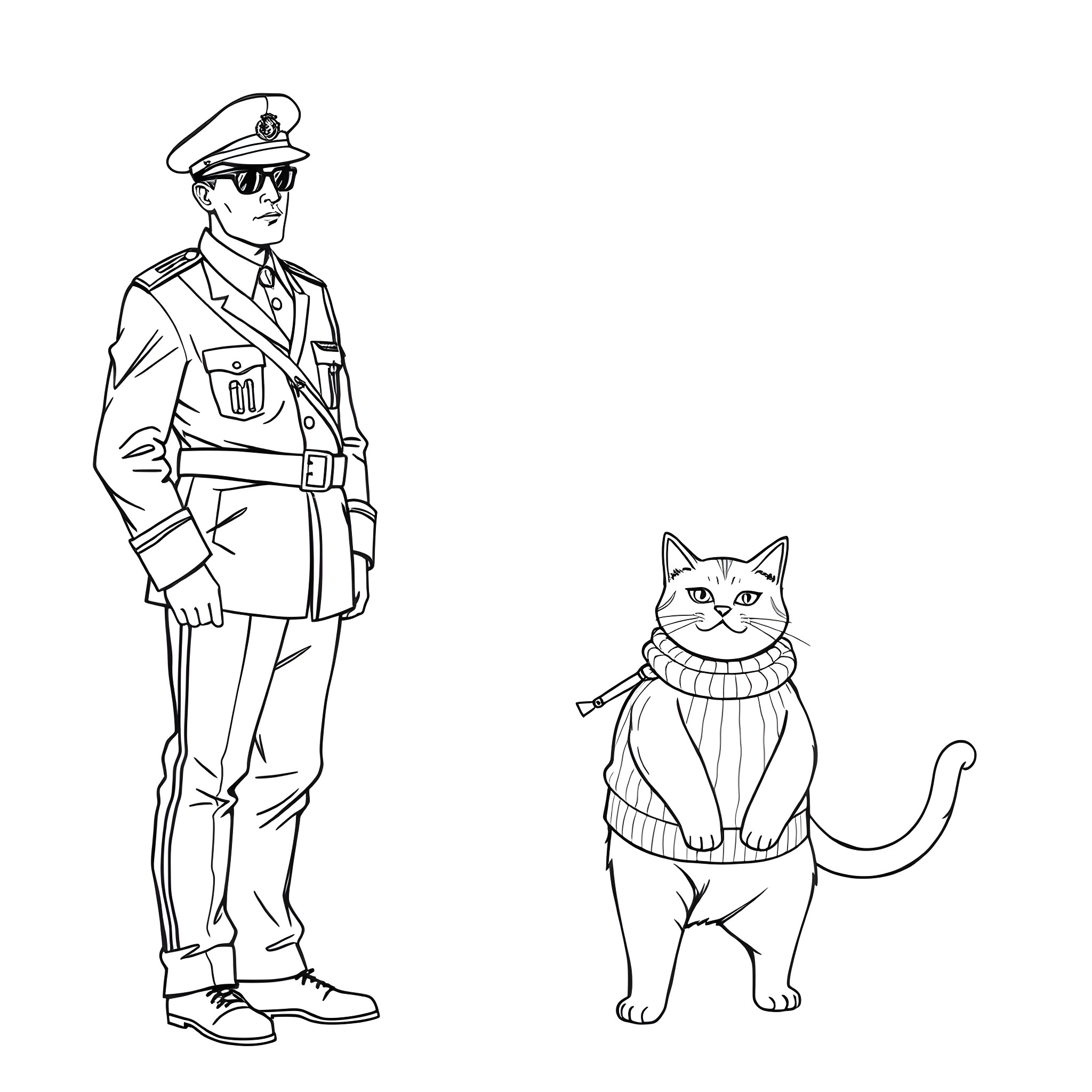 Cat in military uniform with officer Coloring Page (free black-and-white line drawing printable PDF for all, from beginners to advanced learners, including children, teens, adults, and seniors)