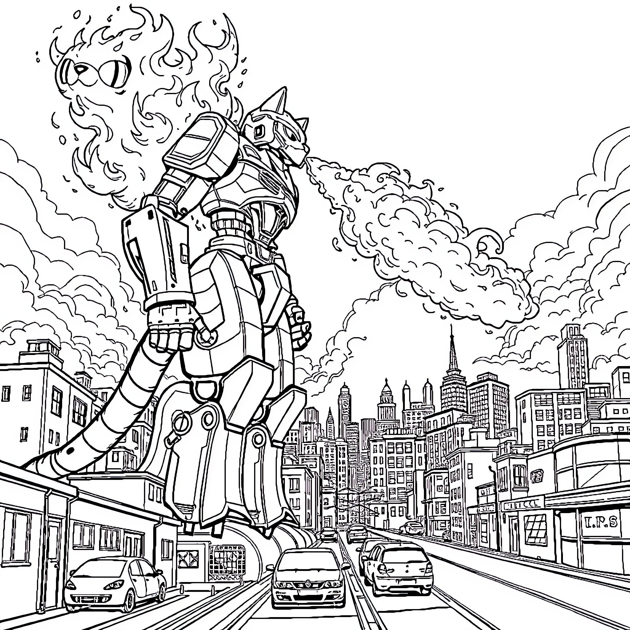 Robot Cat Stomping Through a Futuristic City Coloring Page (free black-and-white line drawing printable PDF for all, from beginners to advanced learners, including children, teens, adults, and seniors)