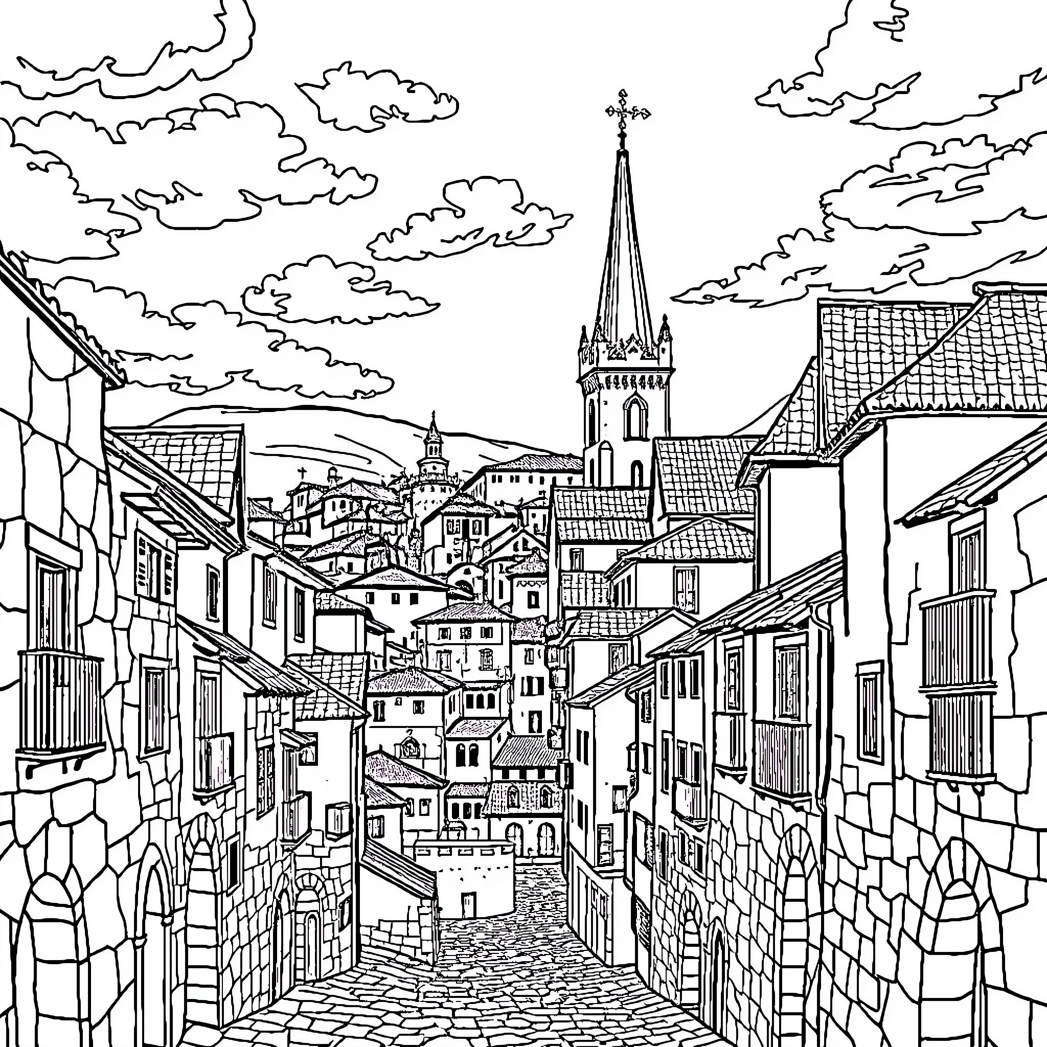 Medieval City with Winding Streets and Soaring Spires Coloring Page (free black-and-white line drawing printable PDF for all, from beginners to advanced learners, including children, teens, adults, and seniors)