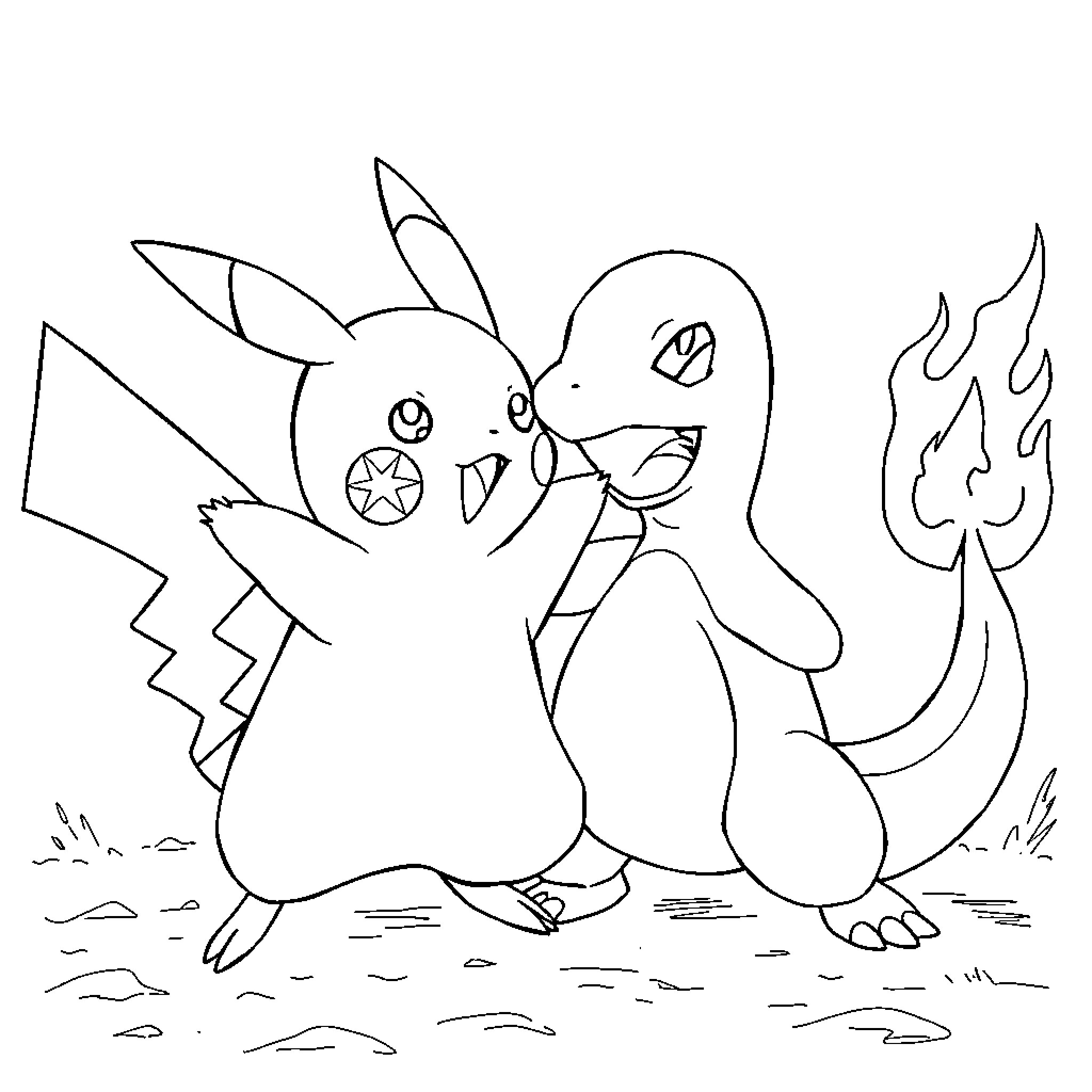 Pikachu playing with Charmander in the forest Coloring Page (free black-and-white line drawing printable PDF for all, from beginners to advanced learners, including children, teens, adults, and seniors)